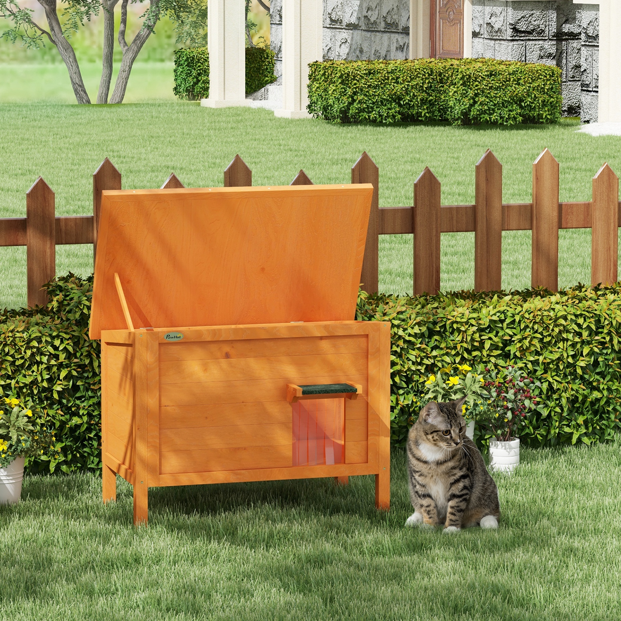 Image of Pawhut Wooden Cat House, Cat Cave Outdoor, Insulated Cat House With Door Curtain, Small Pet House In Raised Design, For Garden, Balcony, Orange, 60 X 60 X 81.5 Cm