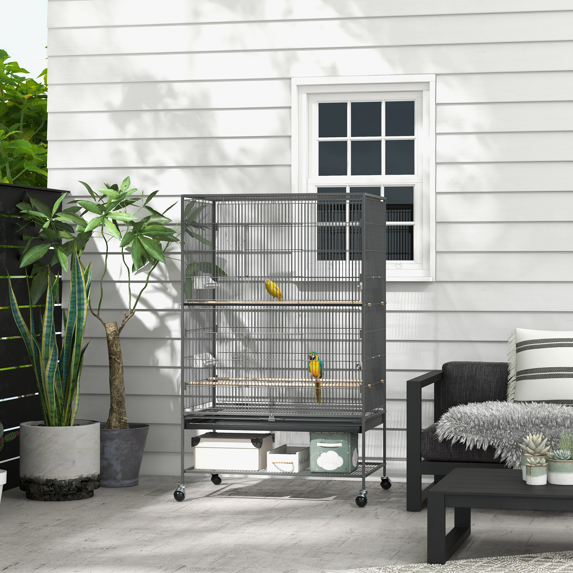 Image of Bird Cage, Aviary With 2 Doors, 4 Perches, Wheels, Feeder Bowl, Removable Tray, Steel Birdhouse For Small Birds, 94 X 57 X 153 Cm, Grey