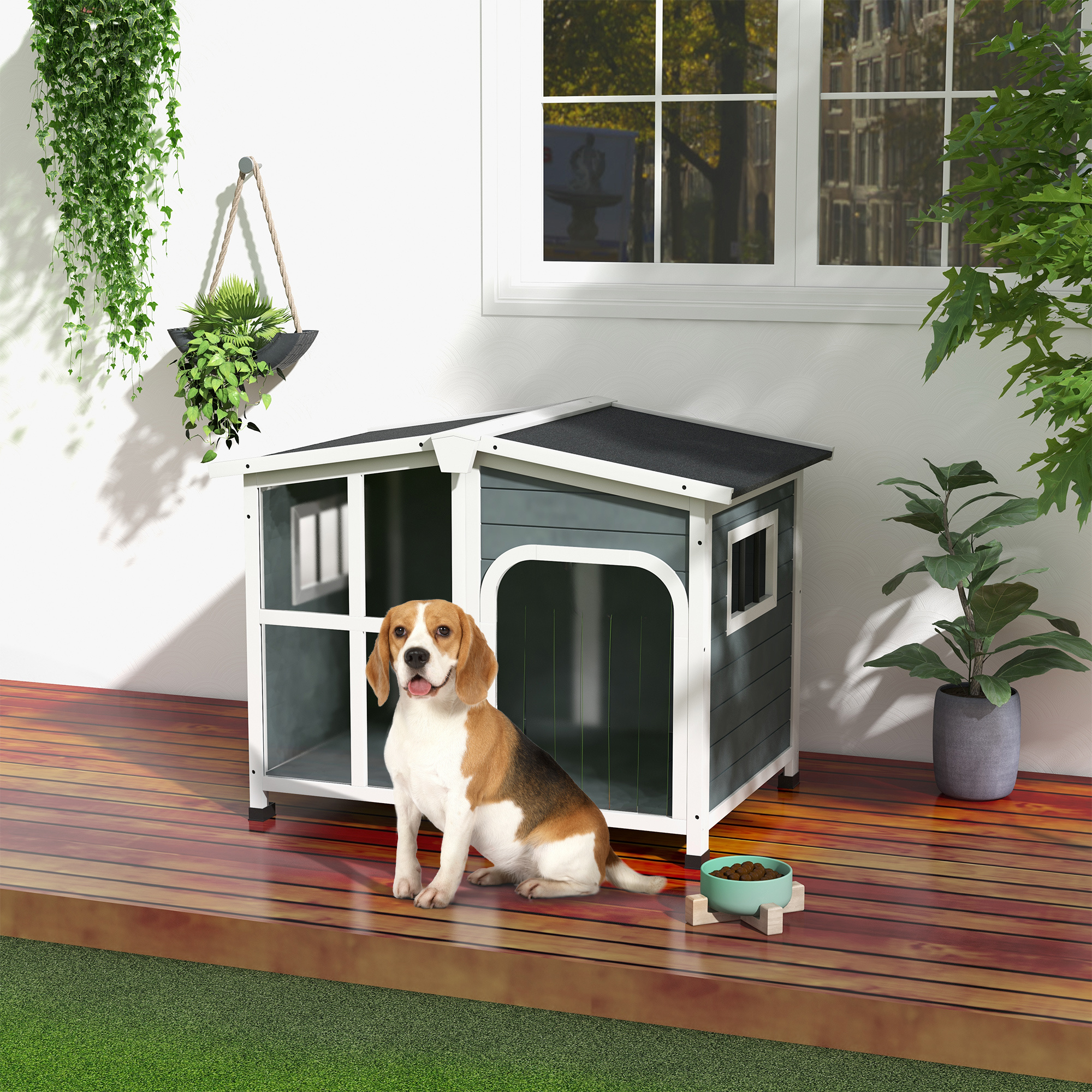 Image of Dog House Small Wooden Dog House With Folding Front Acrylic Roof Door With Curtain And Removable Bottom 101x66.5x70.5 Cm Dark Grey