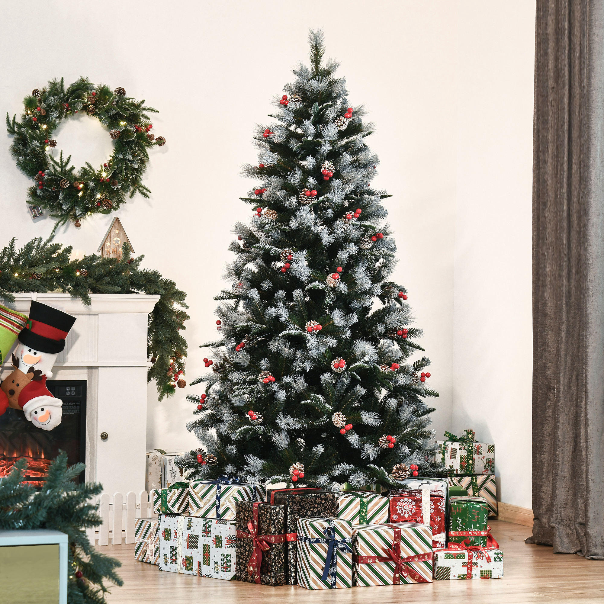 Homcom Snowy Christmas Tree 180cm With Red Berries And Cones, Foldable Removable Base, 678 Branches, Green