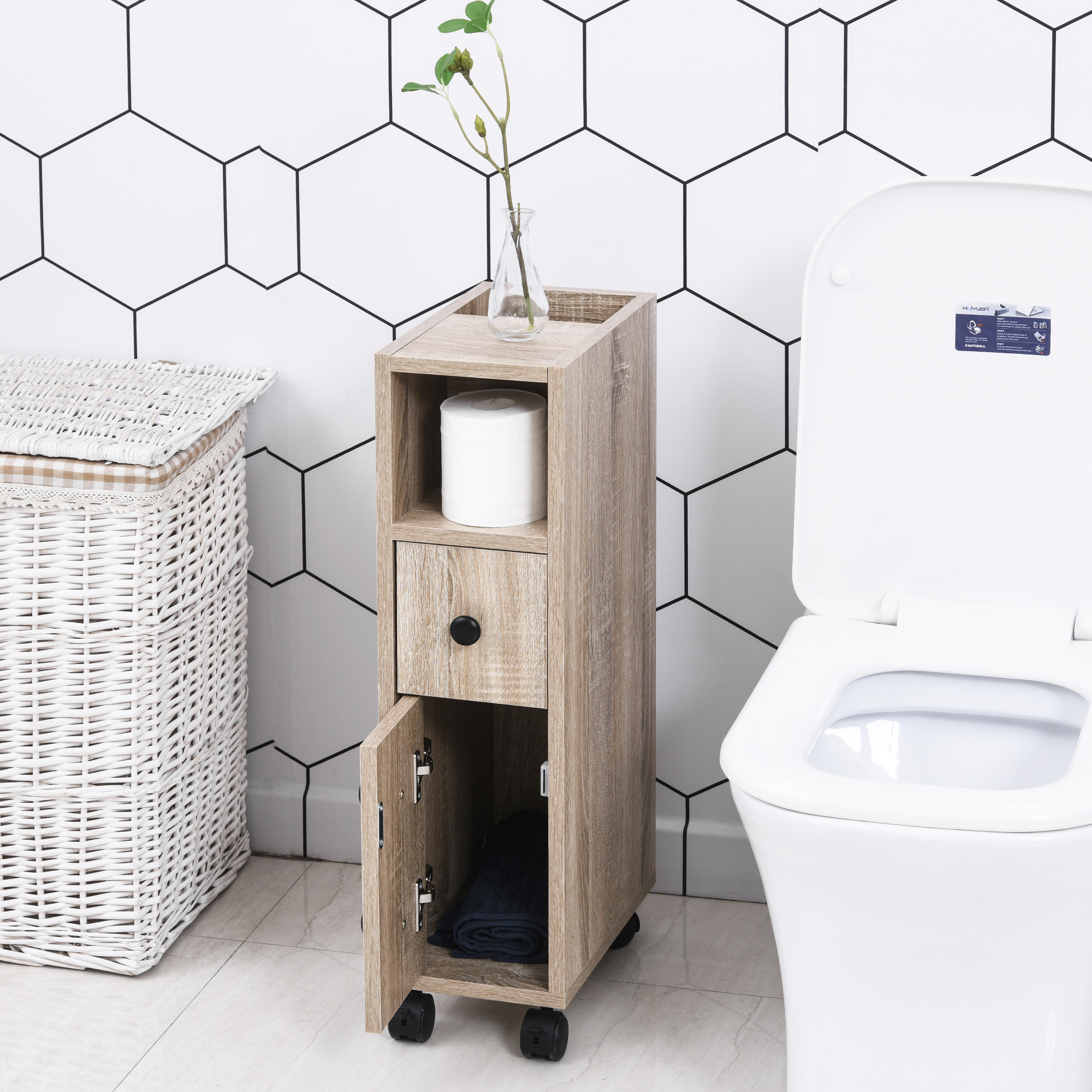 Image of Kleankin Bathroom Cabinet With Wheels, Auxiliary Furniture For Bathroom With Open Shelf, Door And Drawer, Compact Space 18x30x68, 5 Cm