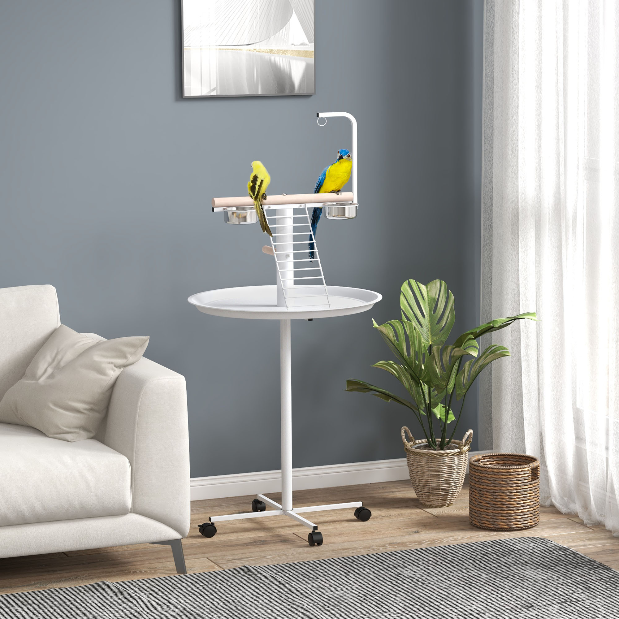 Image of Parrot Playground With Feeder Station, Bird Feeder Station With Wheels, Perches, Bird Feeder With Ladder For Garden, Balcony, Steel, White