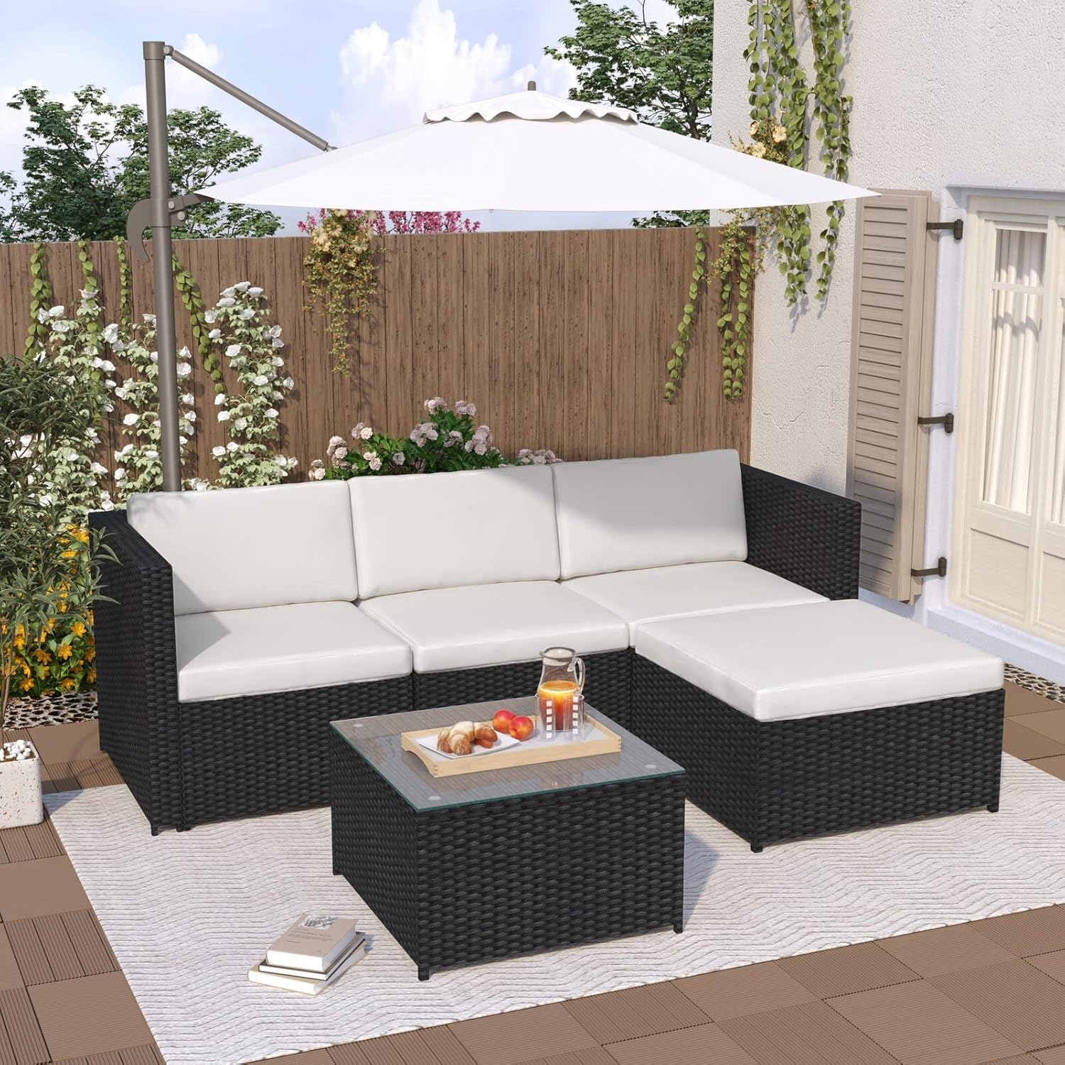 juego de sofá de 5 piezas   de ratán para jardín y exterior   con   de cristal y cojines de exterior para jardín o   acristalado  