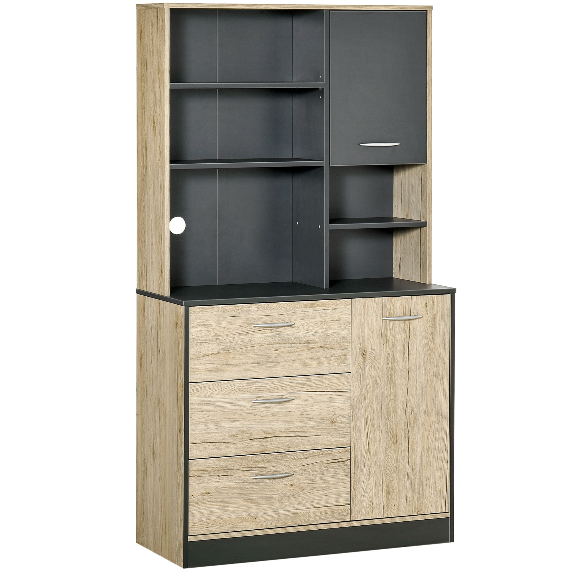 Homcom Multi-storage Kitchen Cabinet With 2 Doors, 3 Drawers, 3 Shelves + Large Tray, 90l X 39w X 169h Cm, Light Oak And Gray