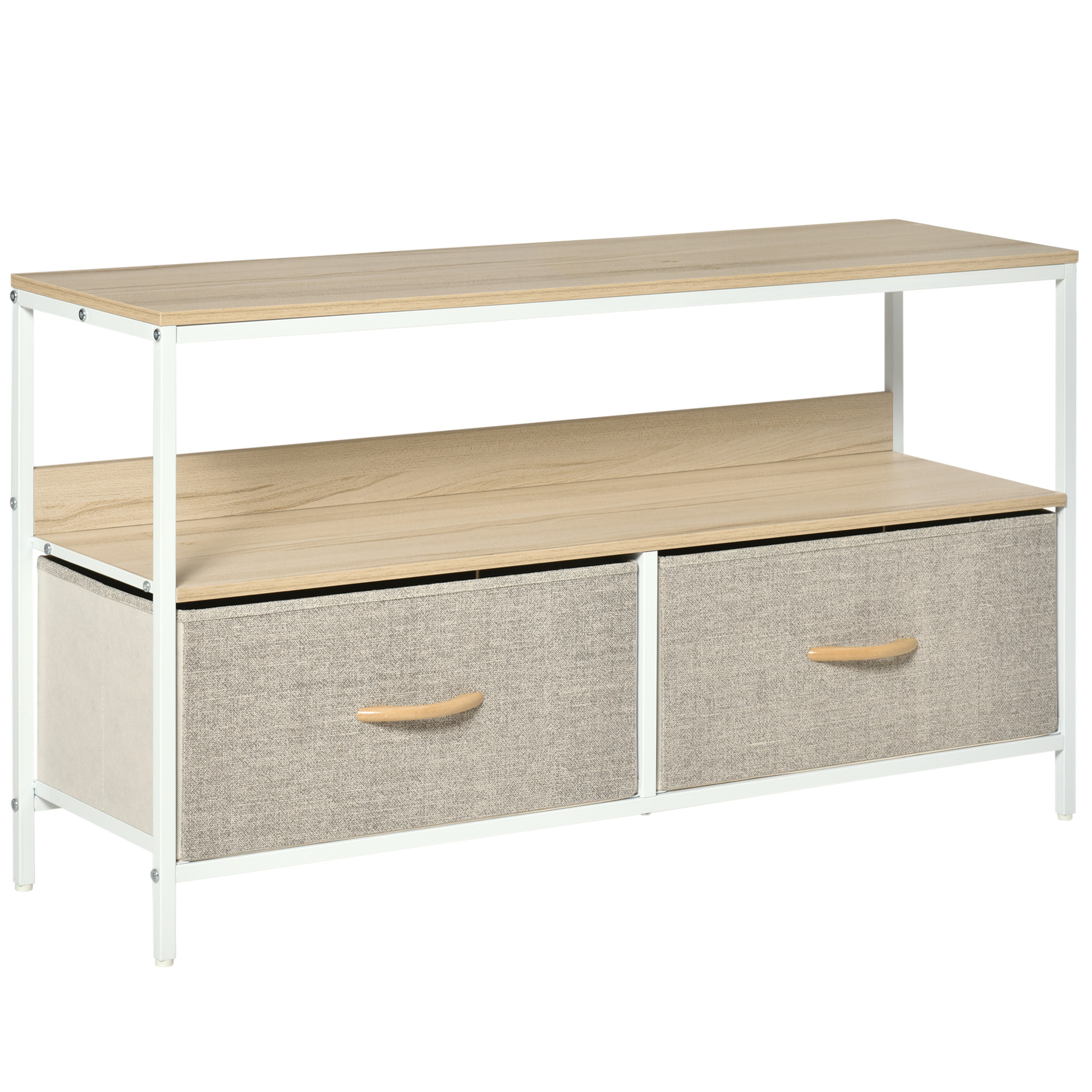 

HOMCOM Meuble TV Bas sur Pieds support TV pour télévison jusqu'à 47 pouces Style Industriel 2 tiroirs en Tissu Bois Naturel et métal Blanc