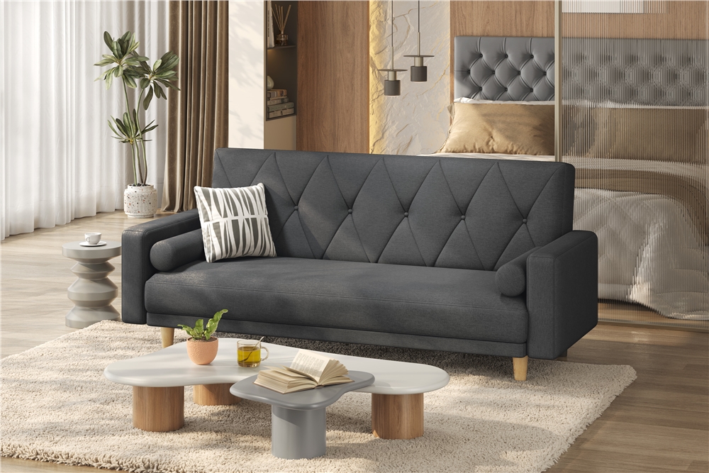 Costoffs Sofa Bed Linen Sofa Convertible Futon Sofa Bed Button-tufted Fabric 3-Seater Sofa Bed with 2 Bolster Pillows For Limited Space