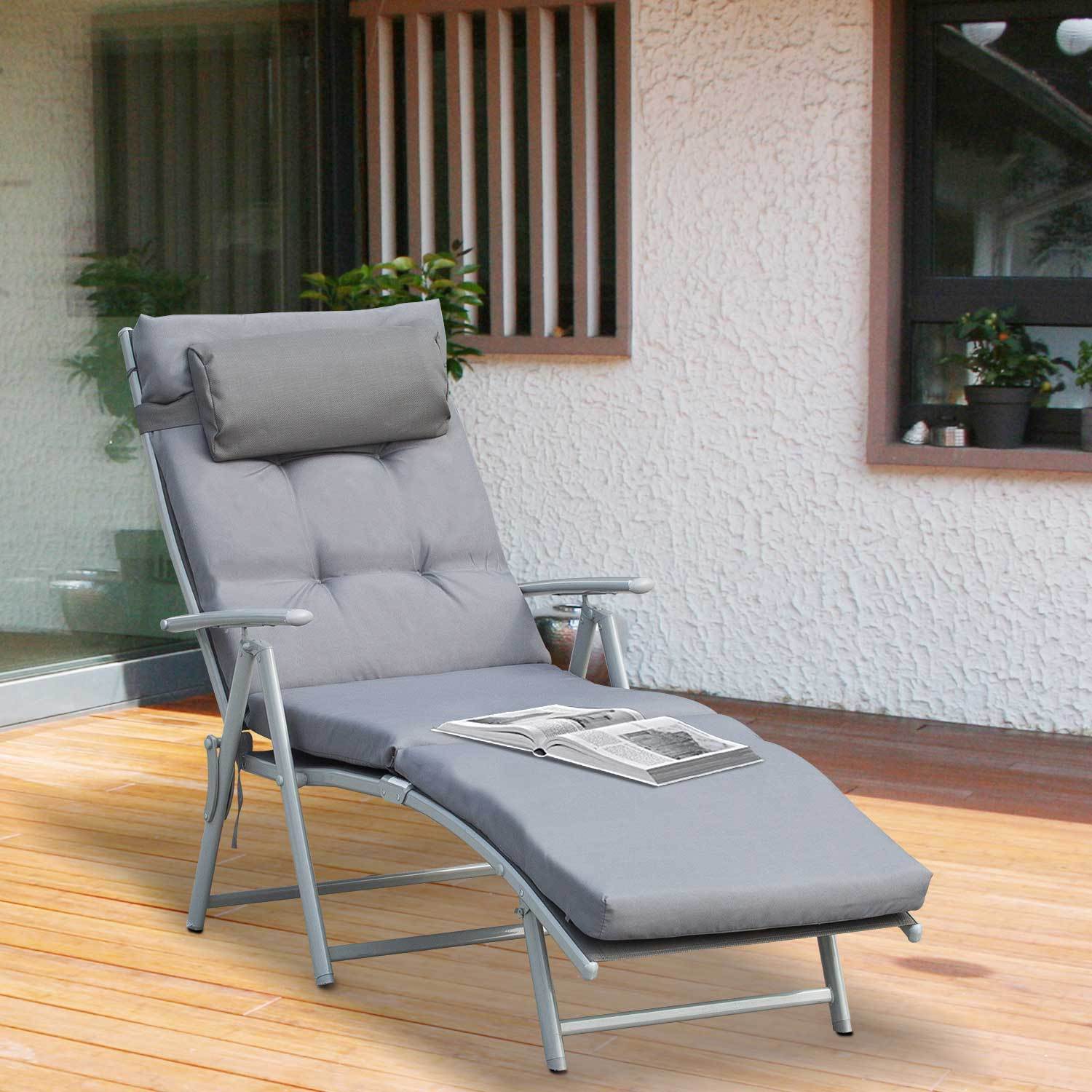 Image of Folding Sun Lounger Beach Chair With Headrest And Seat Cushion, Recliner With 7-way Adjustable Backrest, Garden Lounger Relax Chair, Loadable Up To 165 Kg, For Garden Vacation Outdoor, Grey.