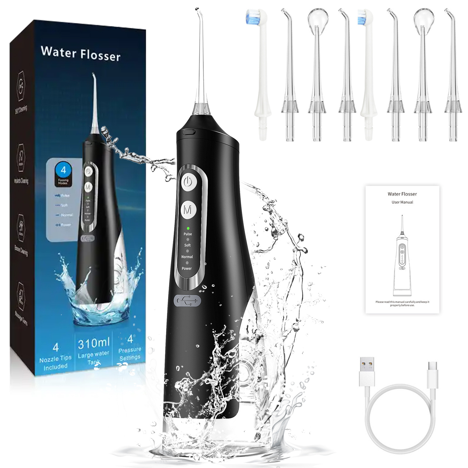 

Hydropulseur Jet Dentaire avec 4 et 8 Buses, 310 ML, USB Rechargeable et IPX7 Etanche, Irrigateur Oral Portable Water Flosser pour Voyage et Maison