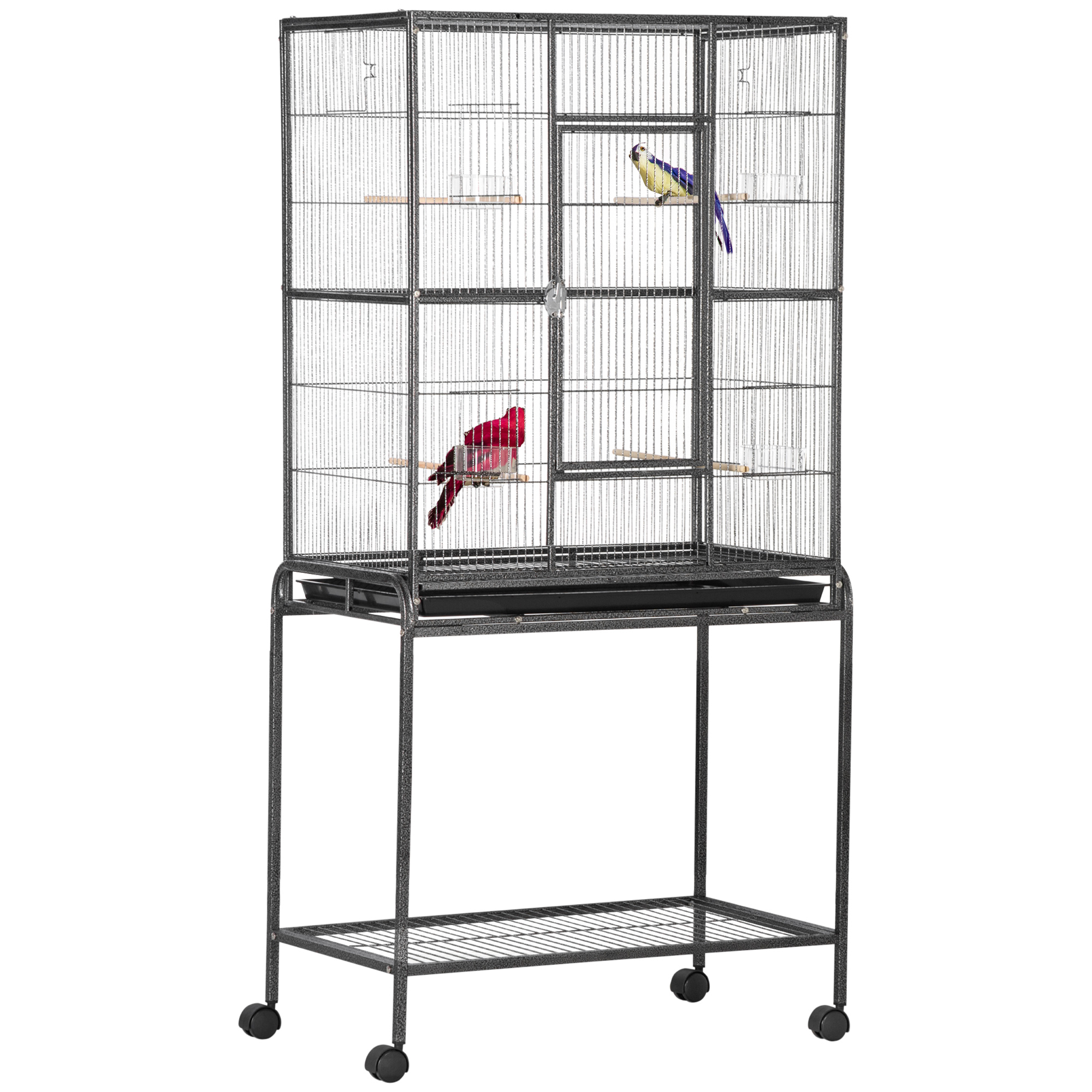 Image of Pawhut Bird Cage With Wheels 81x48x162, 5 Cm Metal Birdcage With Tray 4 Perches 4 Feeders And Storage Shelf For Parakeets Black And Grey