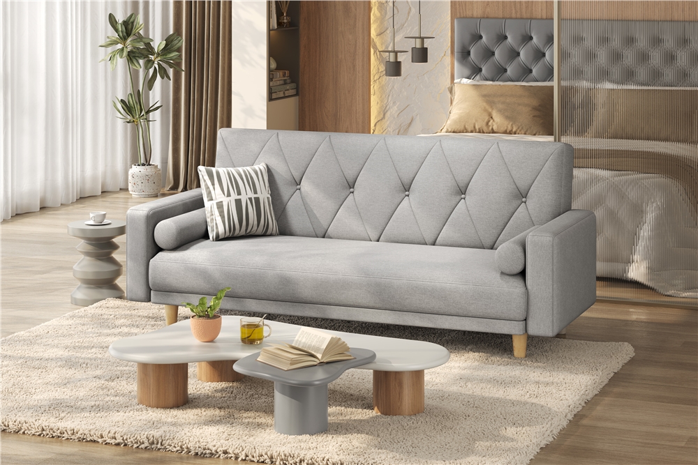 Costoffs Sofa Bed Linen Sofa Convertible Futon Sofa Bed Button-tufted Fabric 3-Seater Sofa Bed with 2 Bolster Pillows For Limited Space