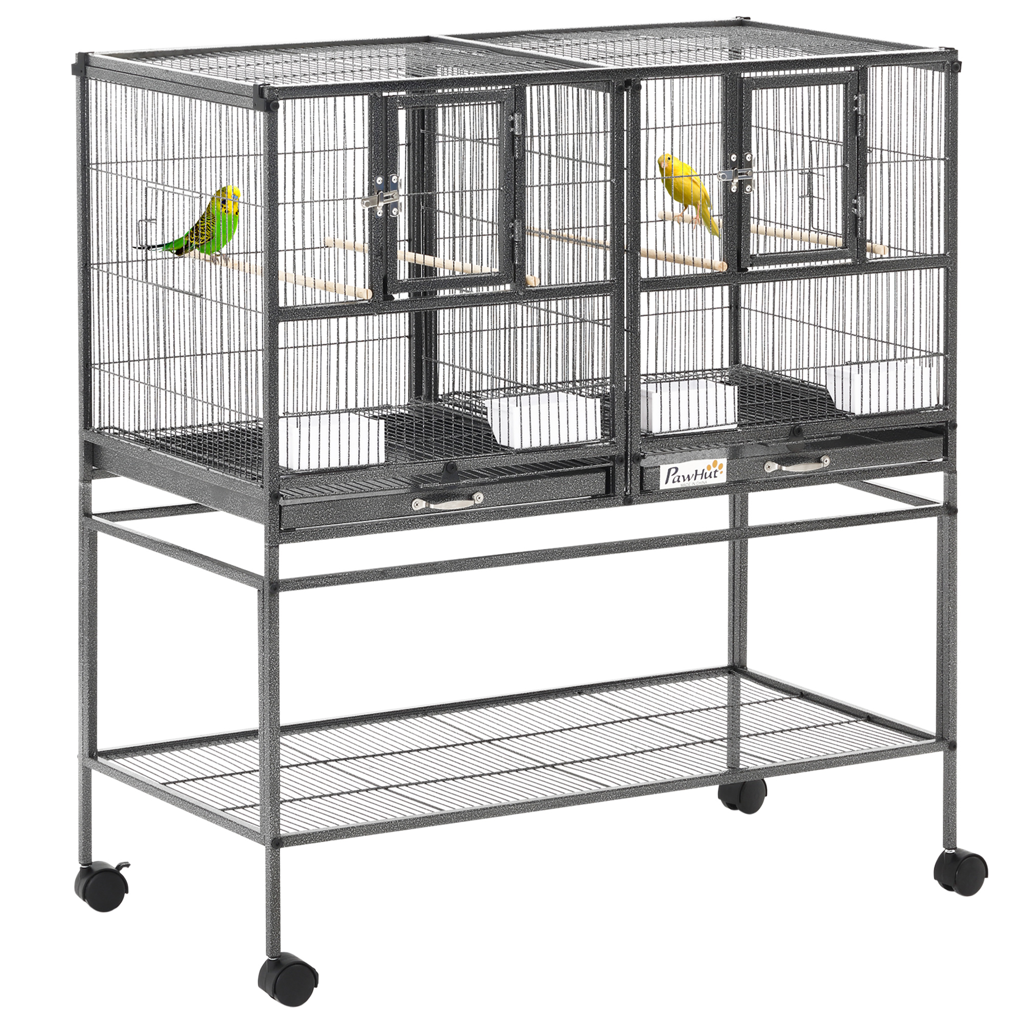 TEMU PawHut Jaula para Pajaros con Ruedas Pajarera con 2 Bandejas Multiples Puertas 4 Comederos 4 Perchas para Periquitos Canarios 95x45.5x102 cm