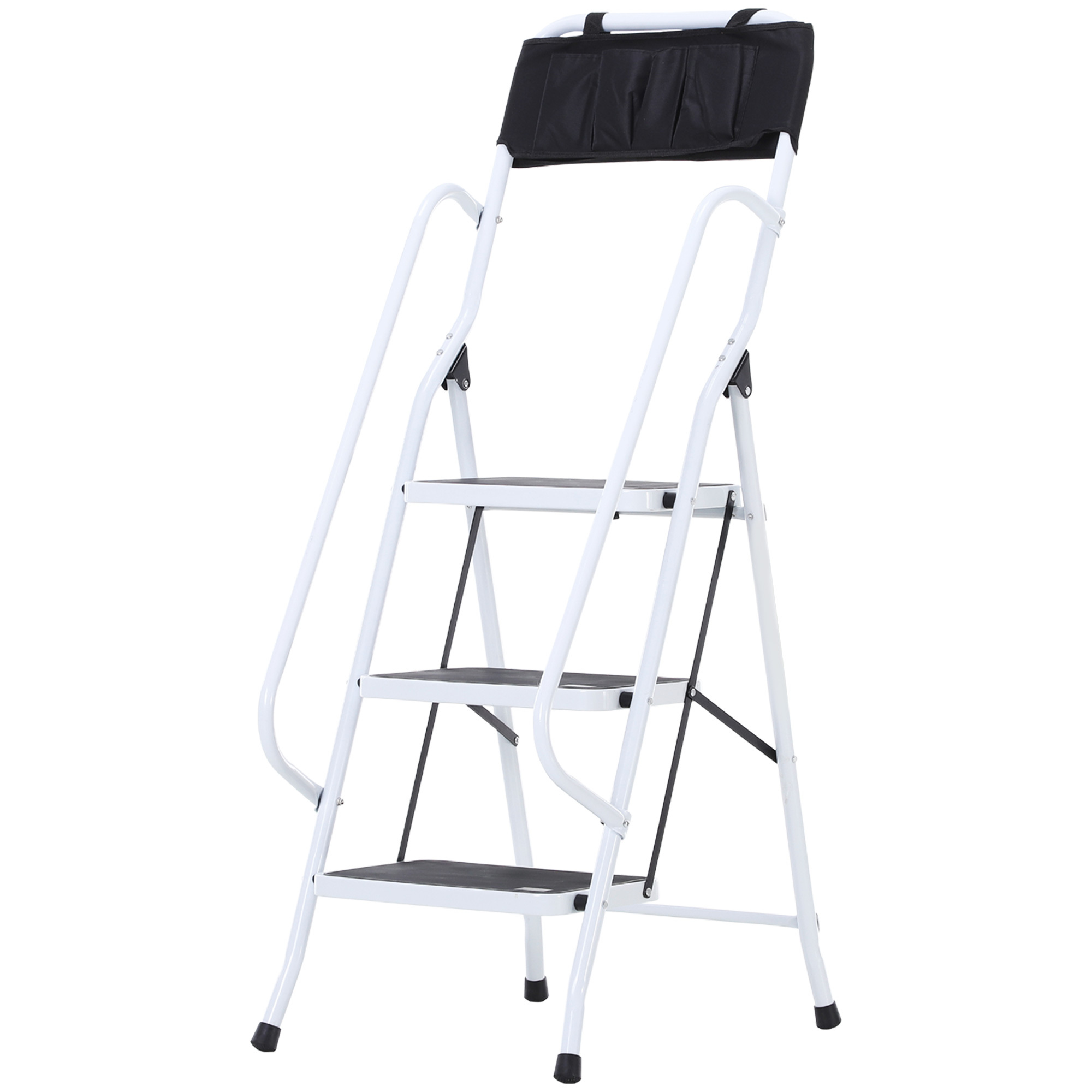 

HOMCOM Escabeau pliable 3 marches XL antidérapantes double garde corps hauteur max. 1,31 max. 150 Kg pochette outils intégrée acier blanc noir