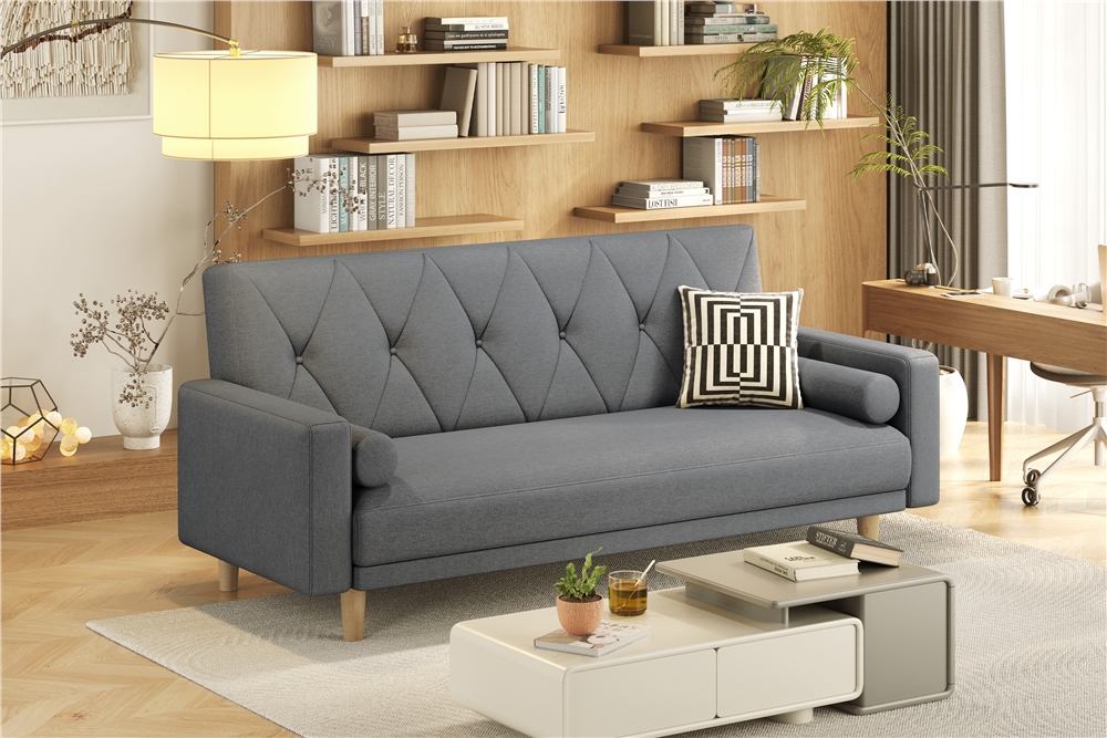 Costoffs Sofa Bed Linen Sofa Convertible Futon Sofa Bed Button-tufted Fabric 3-Seater Sofa Bed with 2 Bolster Pillows For Limited Space