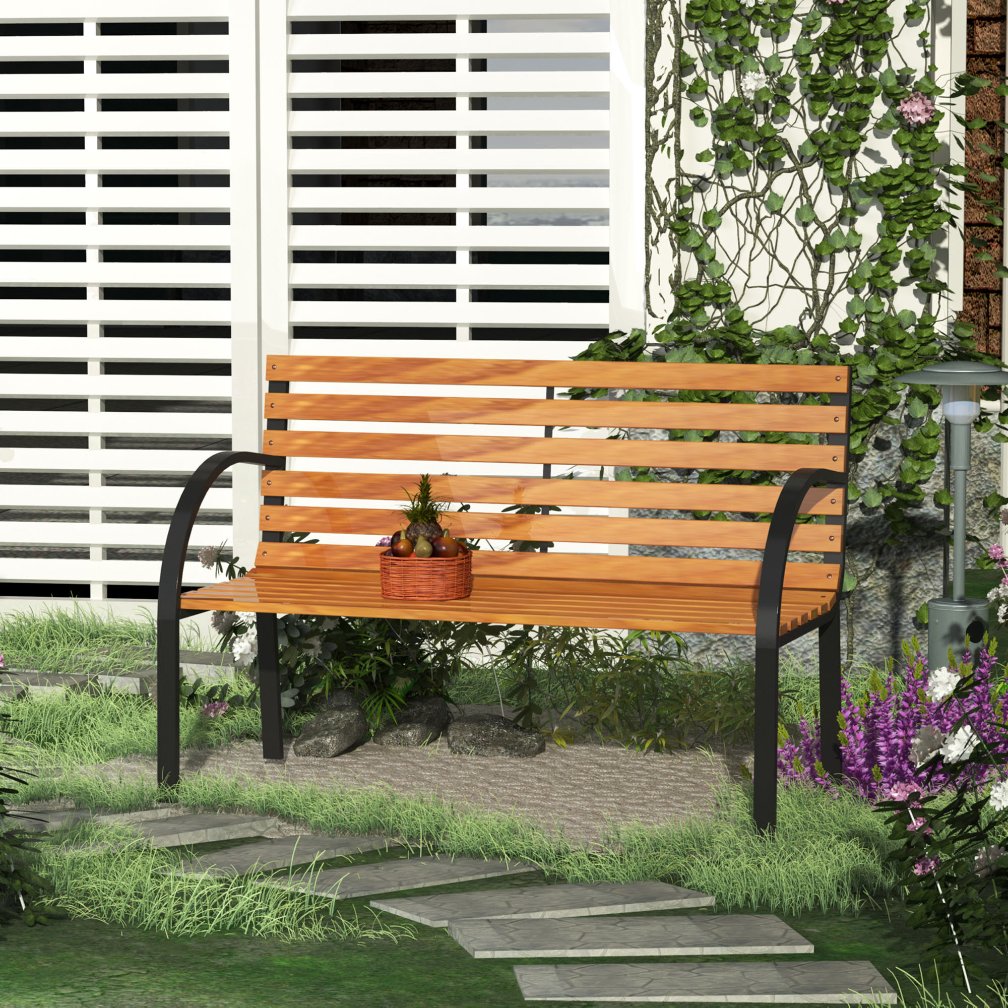 Image of Outsunny Garden Bench Bench Park Bench 2-seater Garden Steel+pine Wood Natural W122 X D60 X H83 Cm