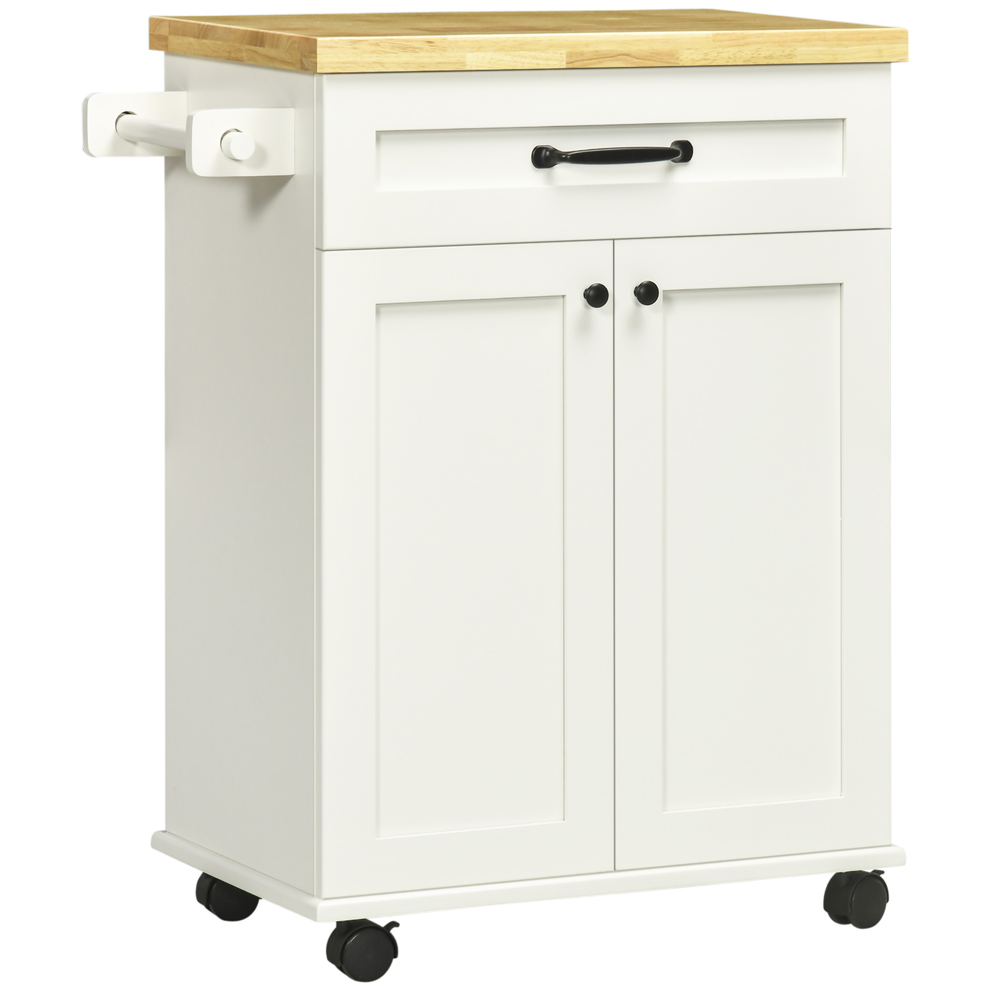 Image of Homcom Kitchen Trolley With Wheels, Kitchen Cart With Multiple Storage Compartments, 1 Drawer, 1 Cupboard, 1 Towel Holder - White And Wooden Tray