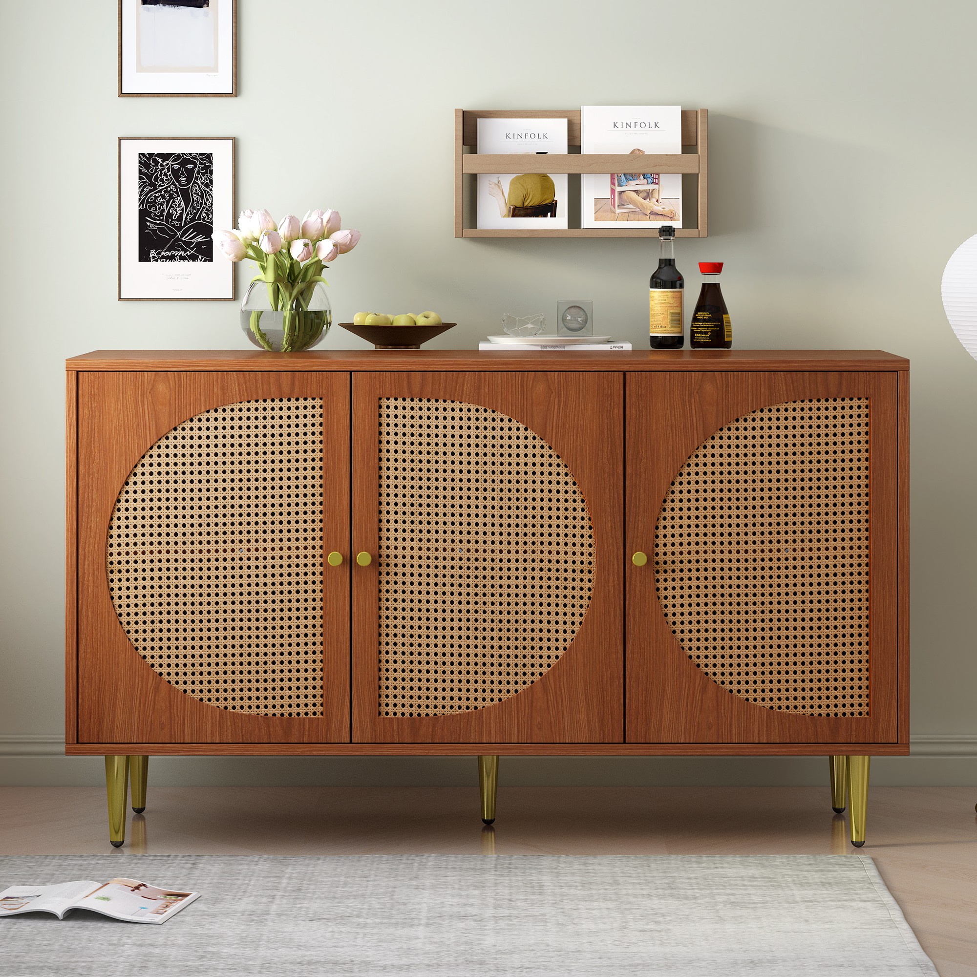 Image of Vintage Merax Sideboard With 6 Compartments Chest Of Drawers With 3 Rattan Doors And Metal Legs, Width 130cm
