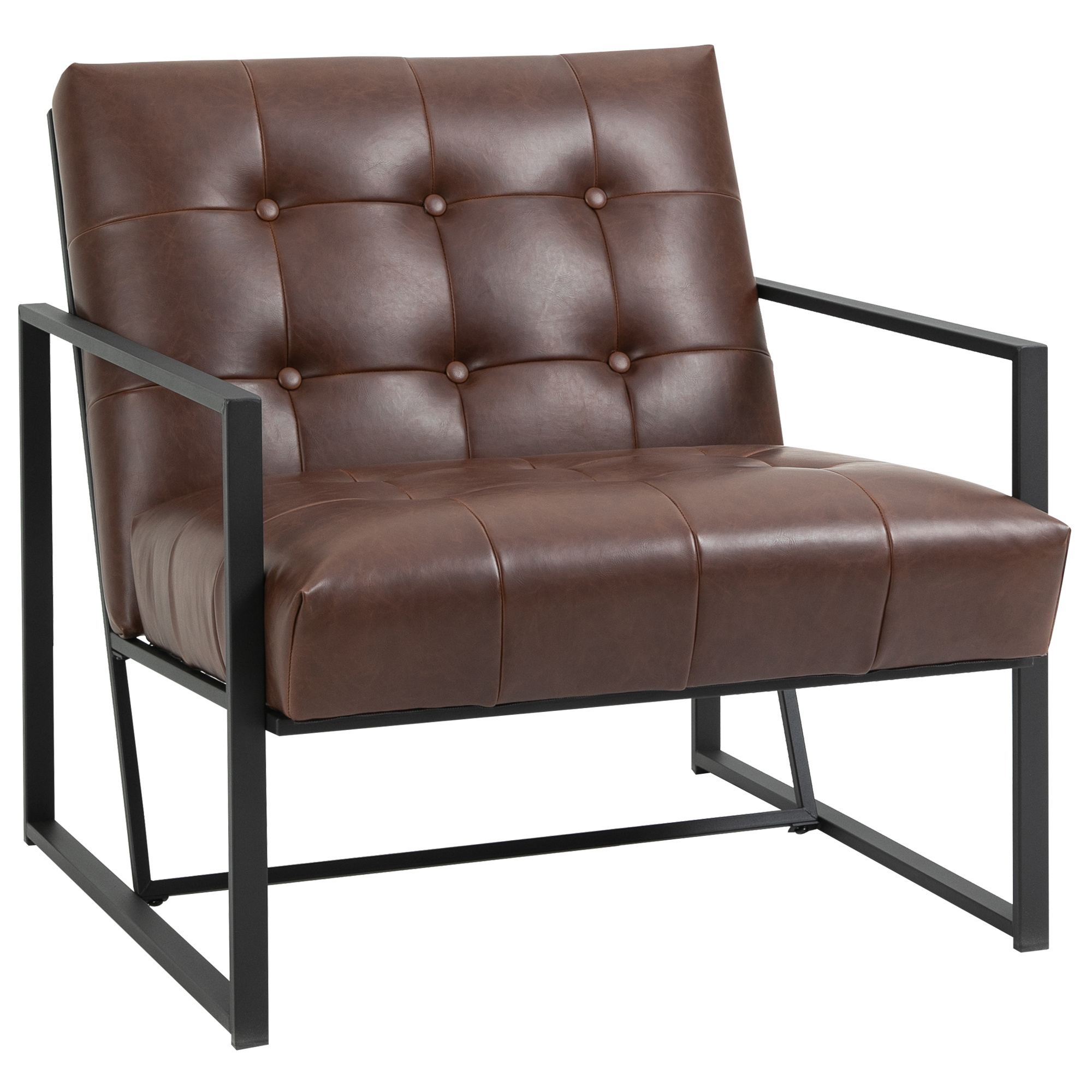 Image of Homcom Chesterfield Lounge Chair, Relaxing Armchair With Padded Backrest, Metal Frame, Chocolate Synthetic Upholstery, Black