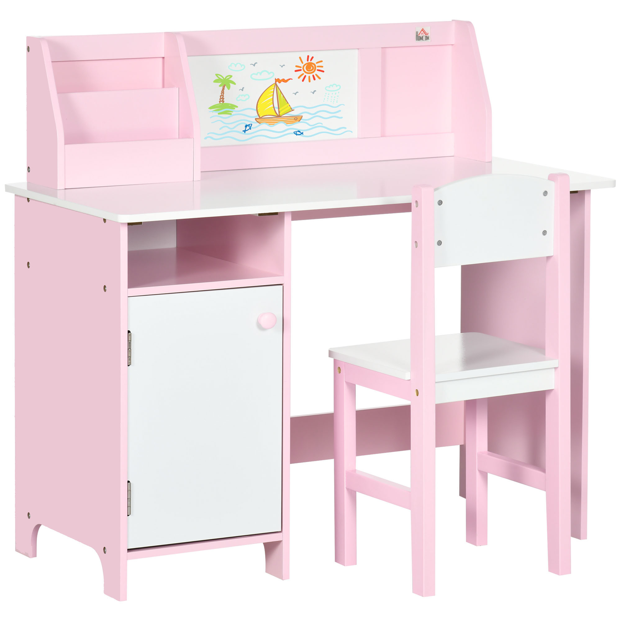 TEMU HOMCOM Juego de Mesa y Silla Infantil de Madera con Pizarra Blanca Mesa de Estudio para Niños de +5 Años Mueble Escritorio Infantil 90x45x85 cm