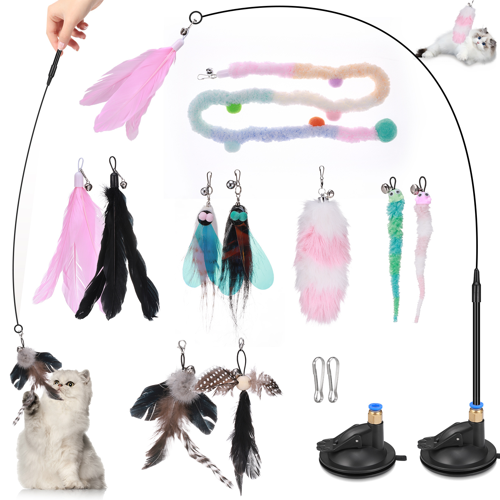 

16 Pièces Jouets pour Chats, Jouet Chat Ventouse, Jouet Chat Interieur Interactif avec 2 Teaser avec Base à Ventouse, 10 Teasers de Plumes de Rechange et 2 Crochets, avec Cloche