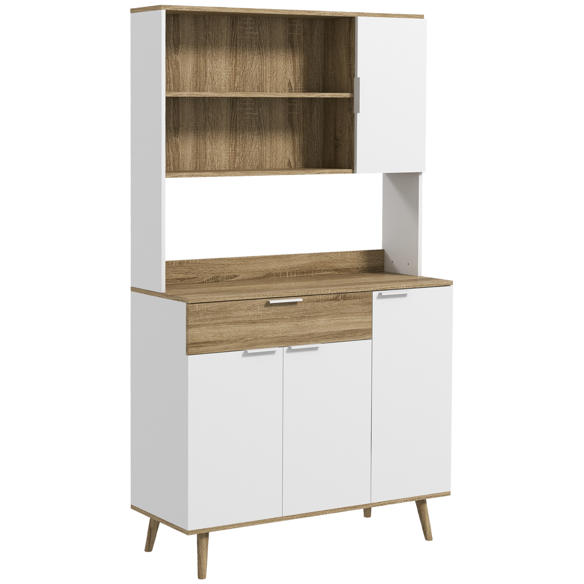 Homcom Kitchen Armoire, Kitchen Buffet, With Adjustable Shelves, 1 Drawer, Kitchen Furniture, , 98 X 39 X 180 Cm, White And Natural