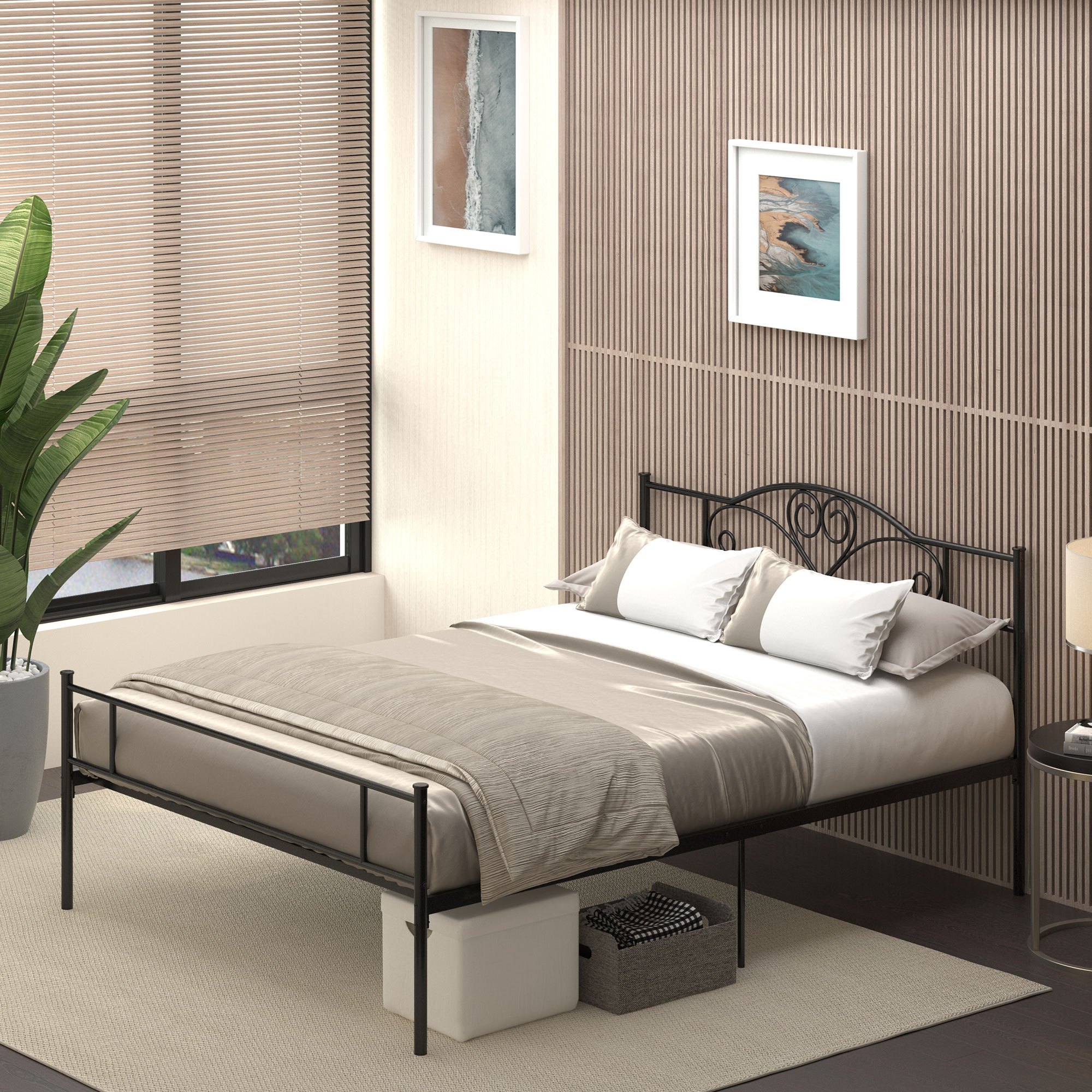 Homcom Steel Double Bed Frame 160x200cm With Integrated Slats, Headboard And Footboard, Lower Space For Containers, Black