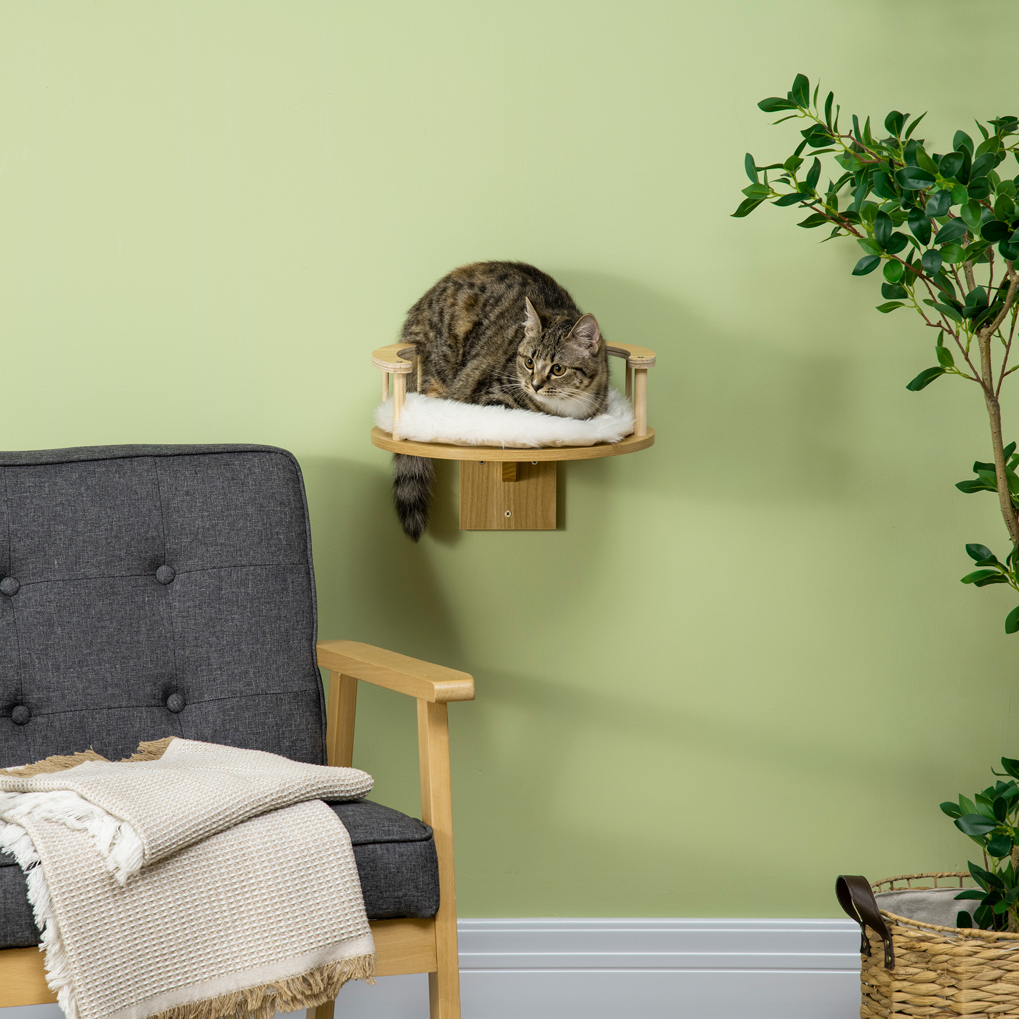 Image of Climbing Wall For Cats With Cushion, Cat Hammock, Plush Wall Scratching Post, Cat Furniture Up To 5 Kg, Oak + Cream White