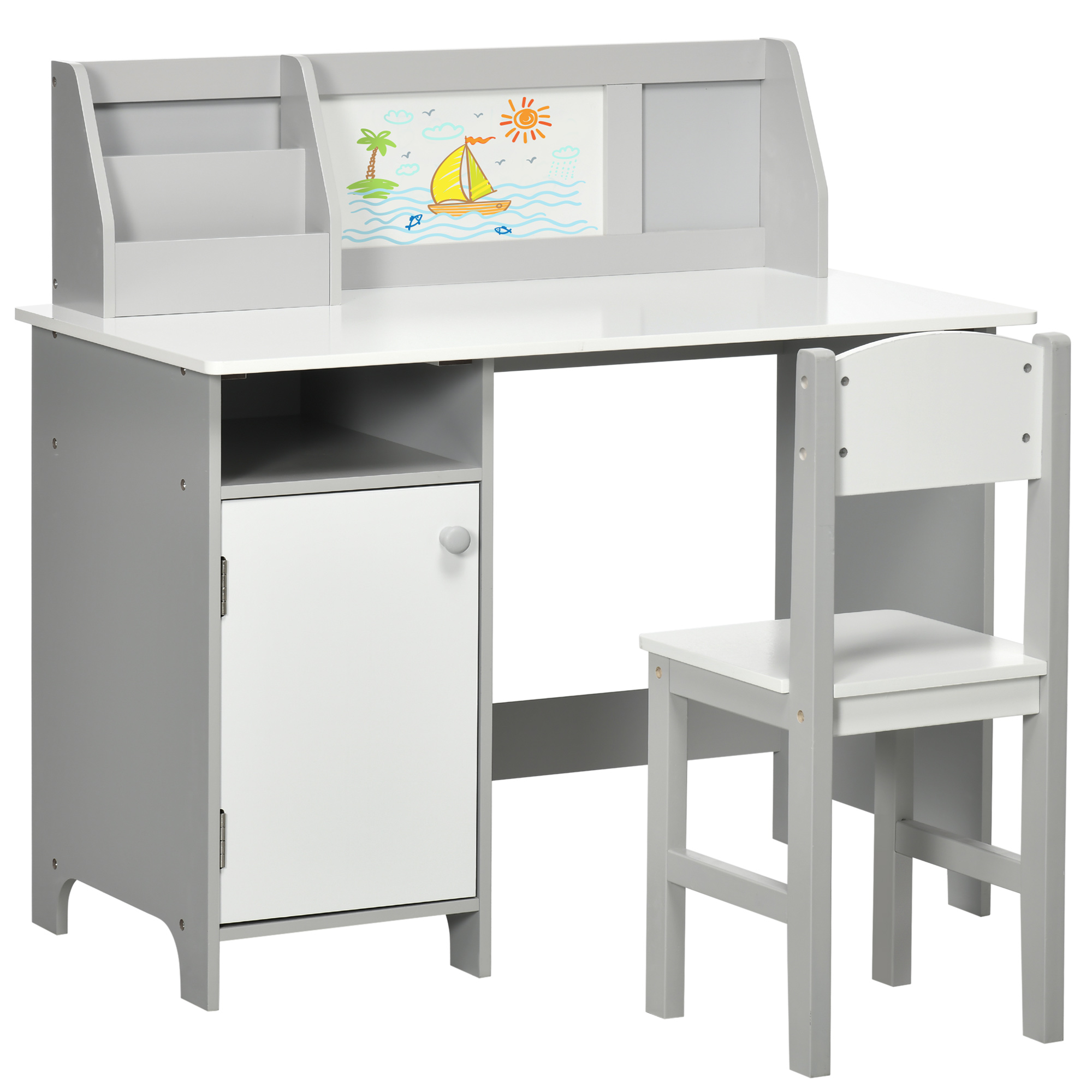 Image of Homcom 's Wooden Table And Chair Set With Whiteboard Study Table For Over 5 Years Old 's Desk Furniture 90x45x85 Cm