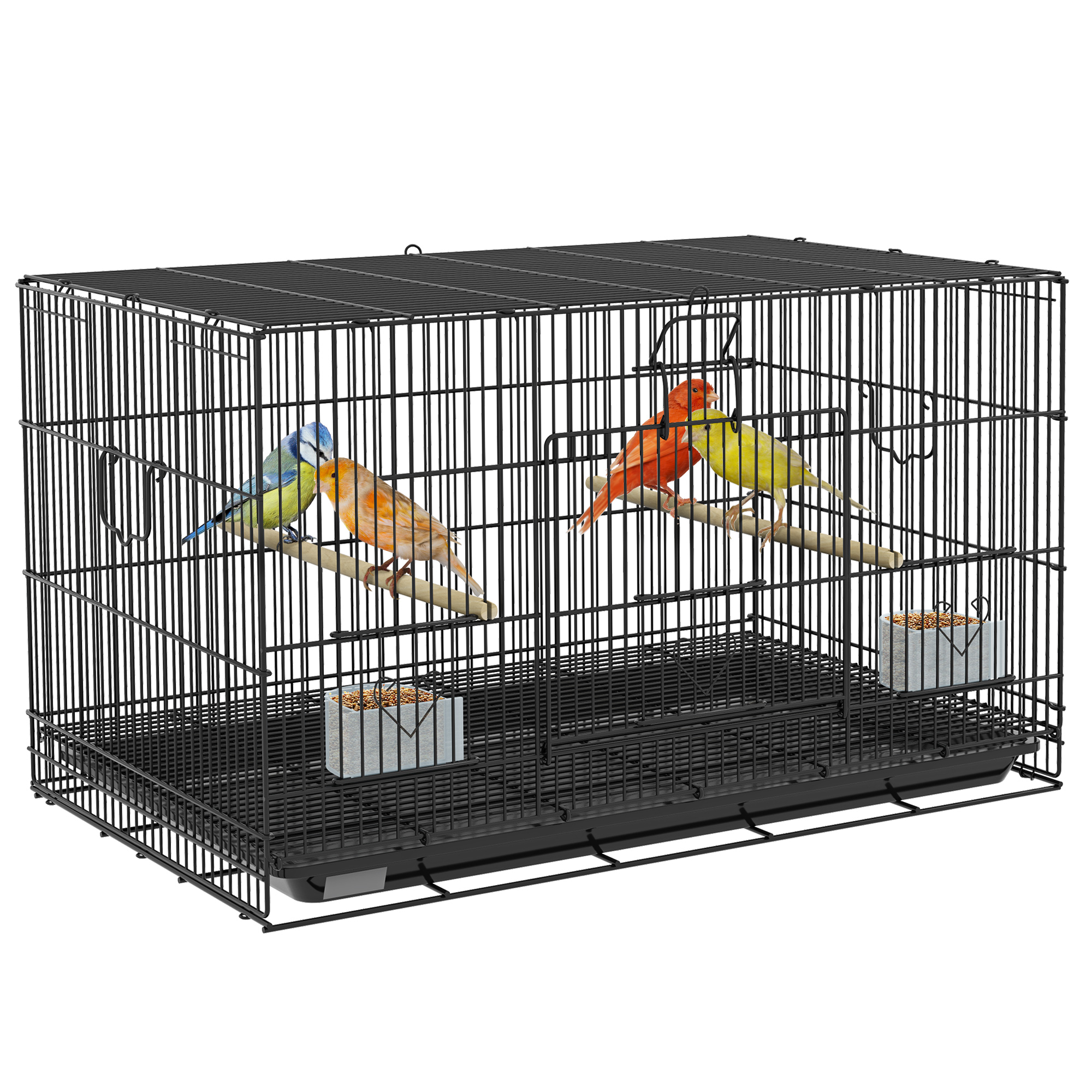 Image of Metal Bird Cage With Removable Tray, 2 Perches, And 2 Feeders For Budgies And - Black