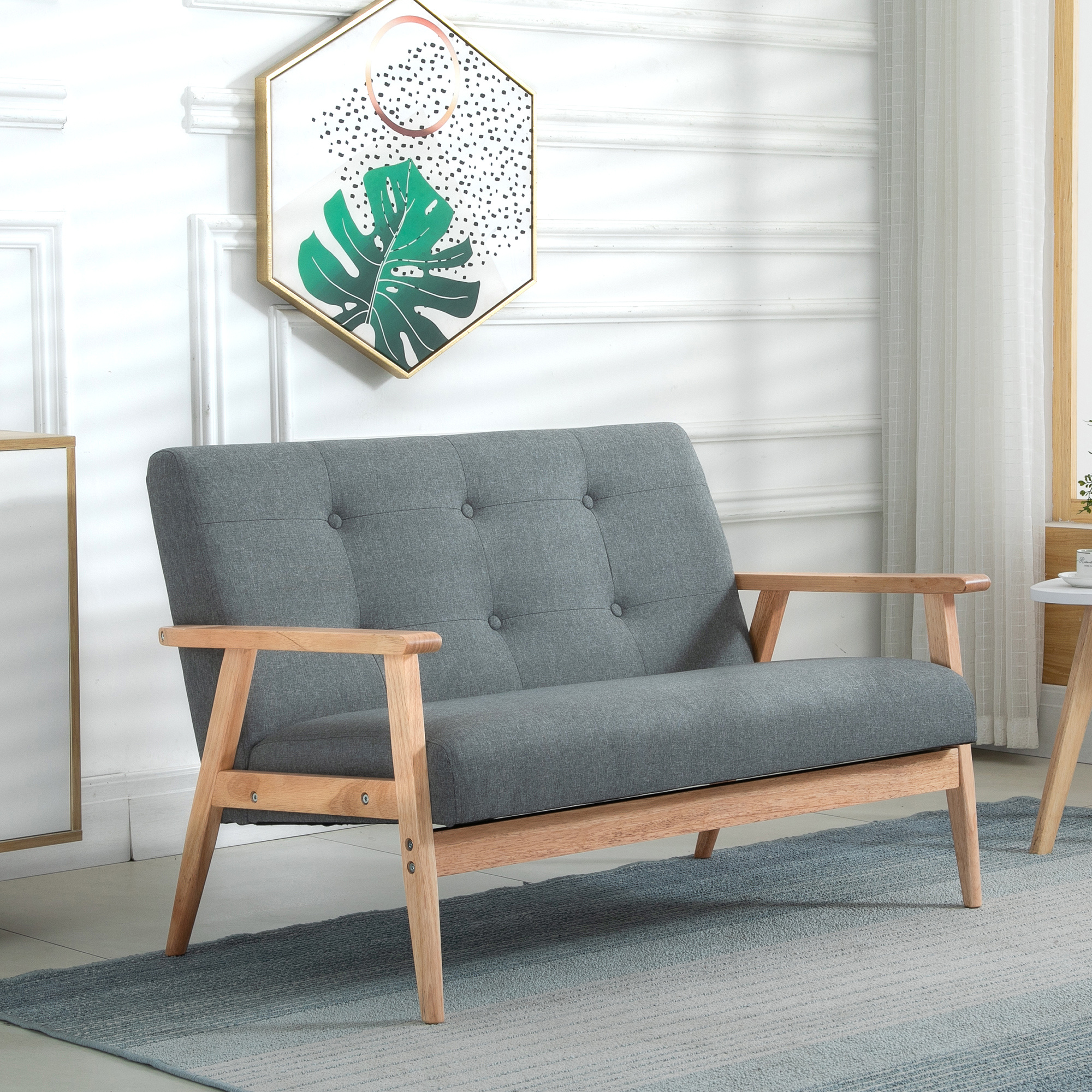 Image of 2-seater Sofa, 115 Cm Couch With Armrests, Backrest, Small Upholstered Sofa With Linen Look, Wooden Legs, Padded Lounge Sofa For Living Room, Bedroom, Dark Gray