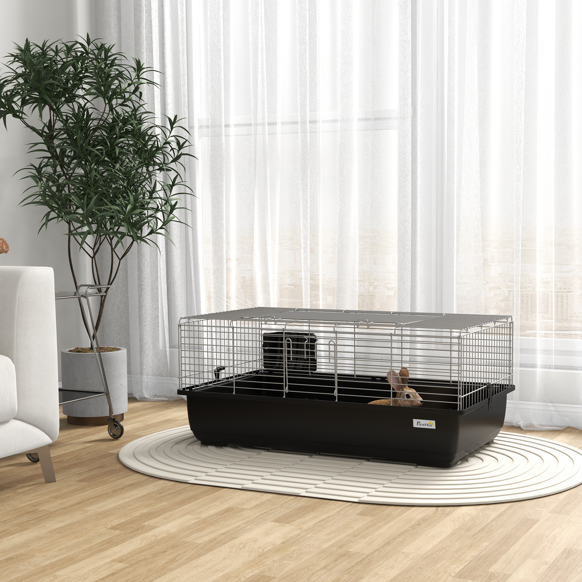 Image of Pawhut Rabbit Cage With 2 With Removable Tray, Metal And Pp Plastic Rodent Cage, 100x55x41 Cm, Black And Silvery