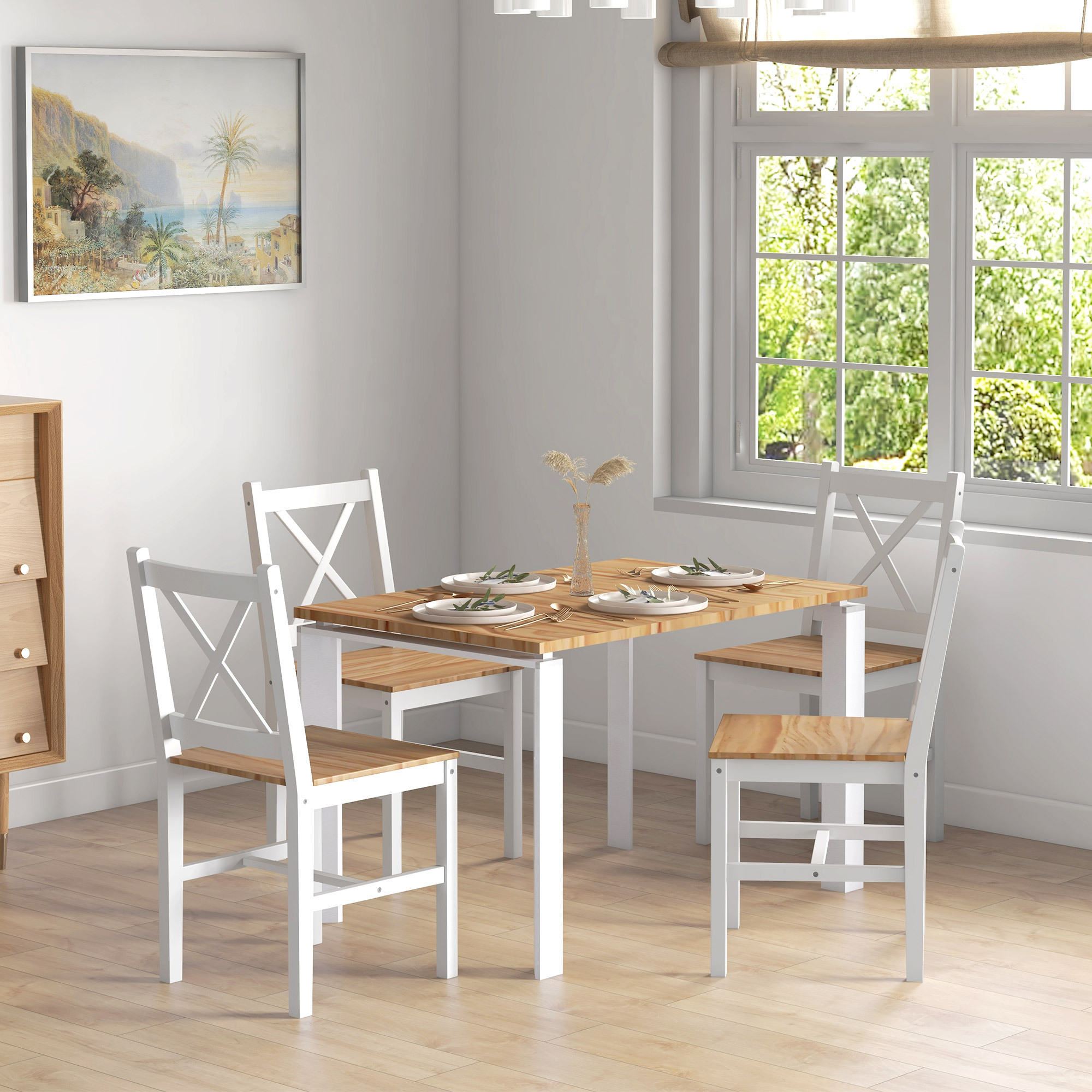Image of Homcom Set Of 4 Chairs For Kitchen And Living Room With -back, Classic Pine Wood Chairs, 41x46.5x86 Cm, White And Oak Colour