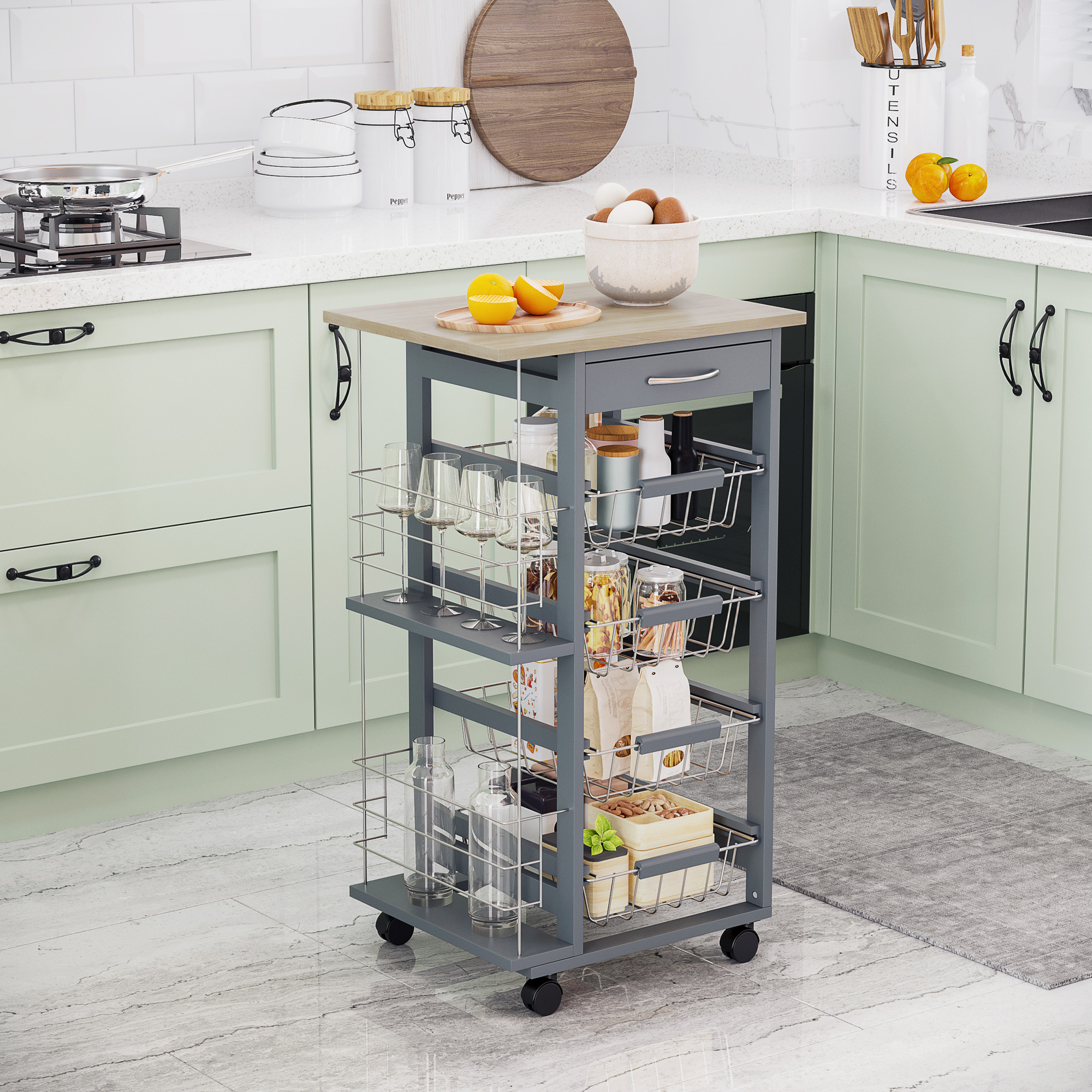 Homcom Space- Kitchen Cart In Wood, Food Trolley With 1 Worktop, 1 Drawer And 4 Metal Baskets, 47x37x83cm