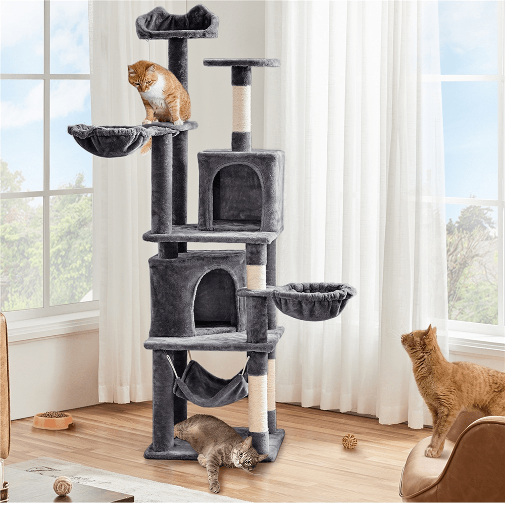 E-shop Costoffs Katzenmöbel Stabiler Kratzbaum mit 2 Liegemulden & 2 & 1 Hängematte & 2 Körbe & Sisalseil & Abnehmbarem Plüschball Katzenkratzbaum für