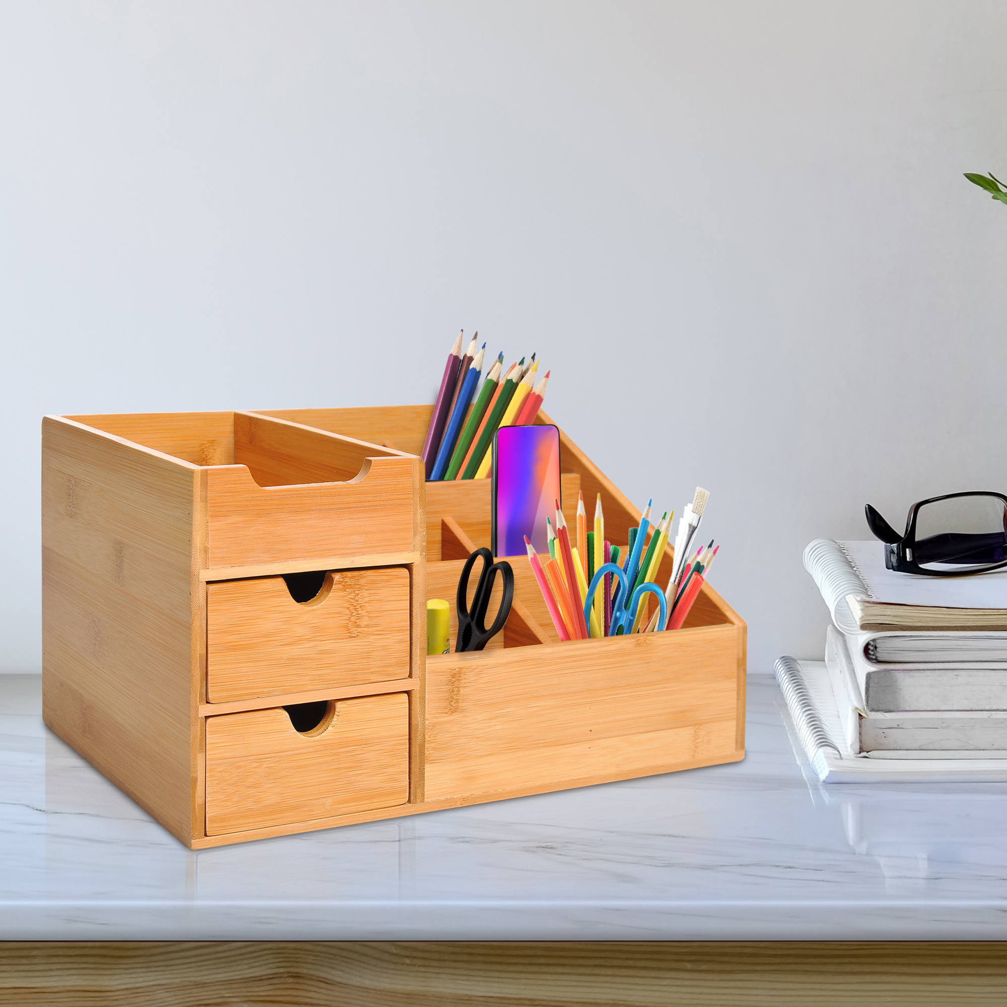 Desk Organizer Storage Box Organization 2 Drawers Natural L33 X W20, 5 X H15, 5 Cm, Bamboo Organizer With Multiple Compartments