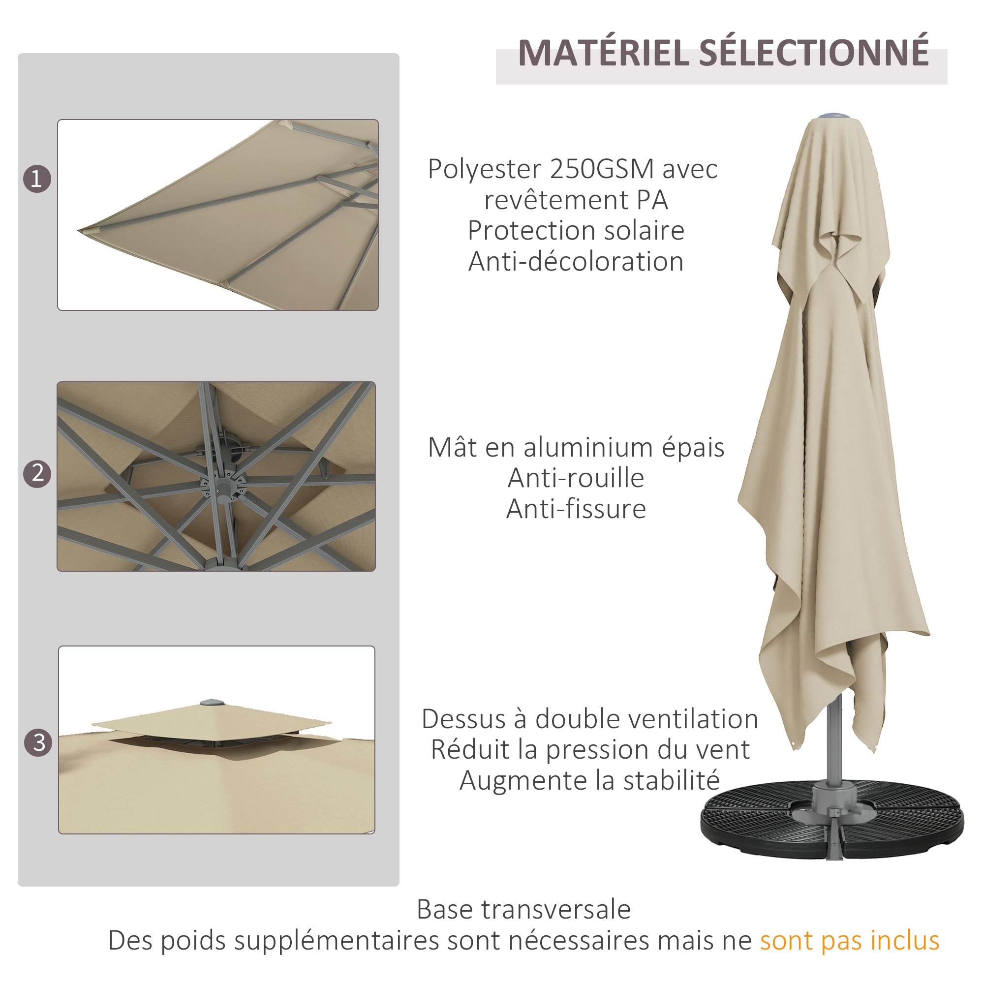 Outsunny 3m Square Offset Parasol Garden Umbrella 360 Rotating with Hydraulic Mechanism Double Cross Base Roof Aluminium Pole Beige