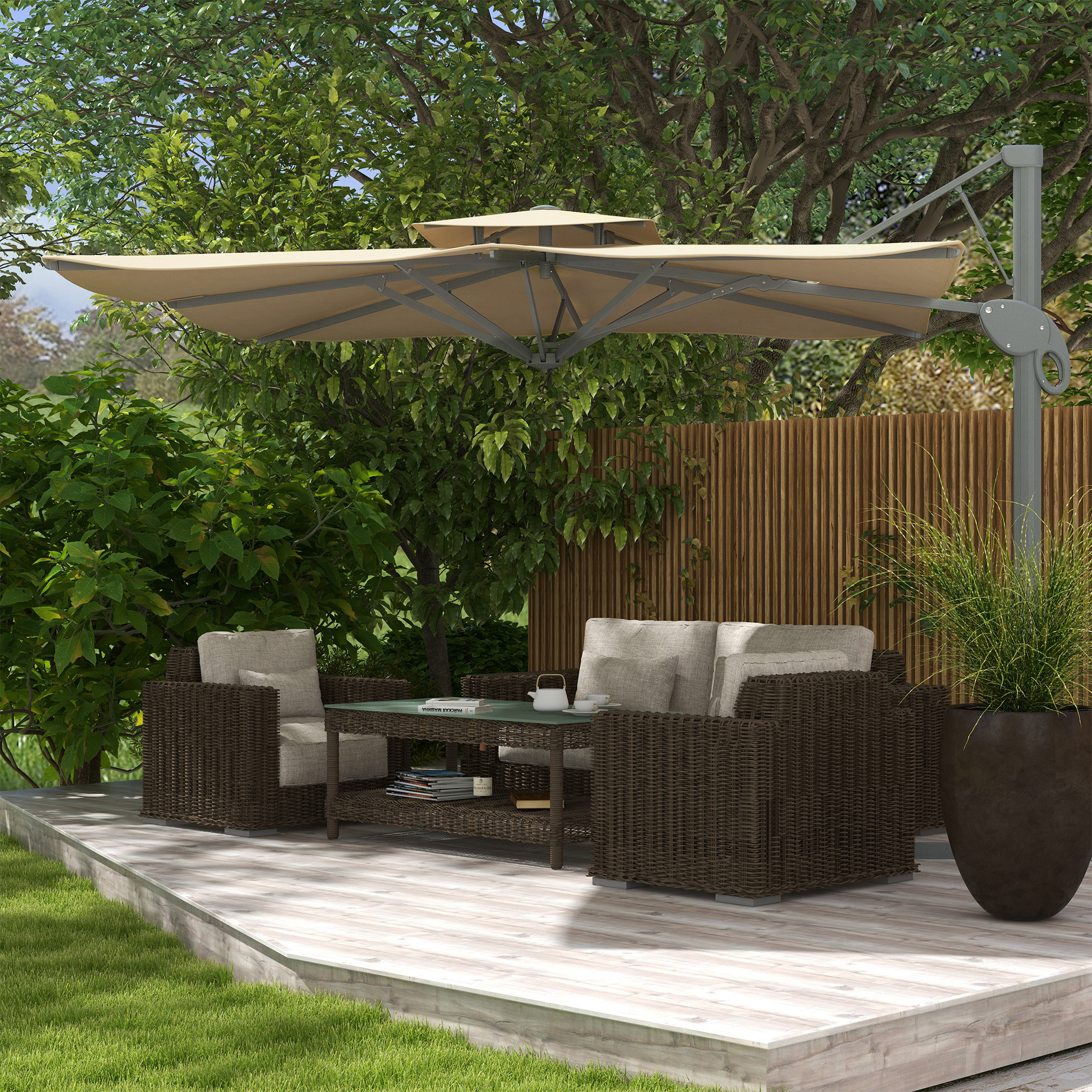 Outsunny 3m Square Offset Parasol Garden Umbrella 360 Rotating with Hydraulic Mechanism Double Cross Base Roof Aluminium Pole Beige