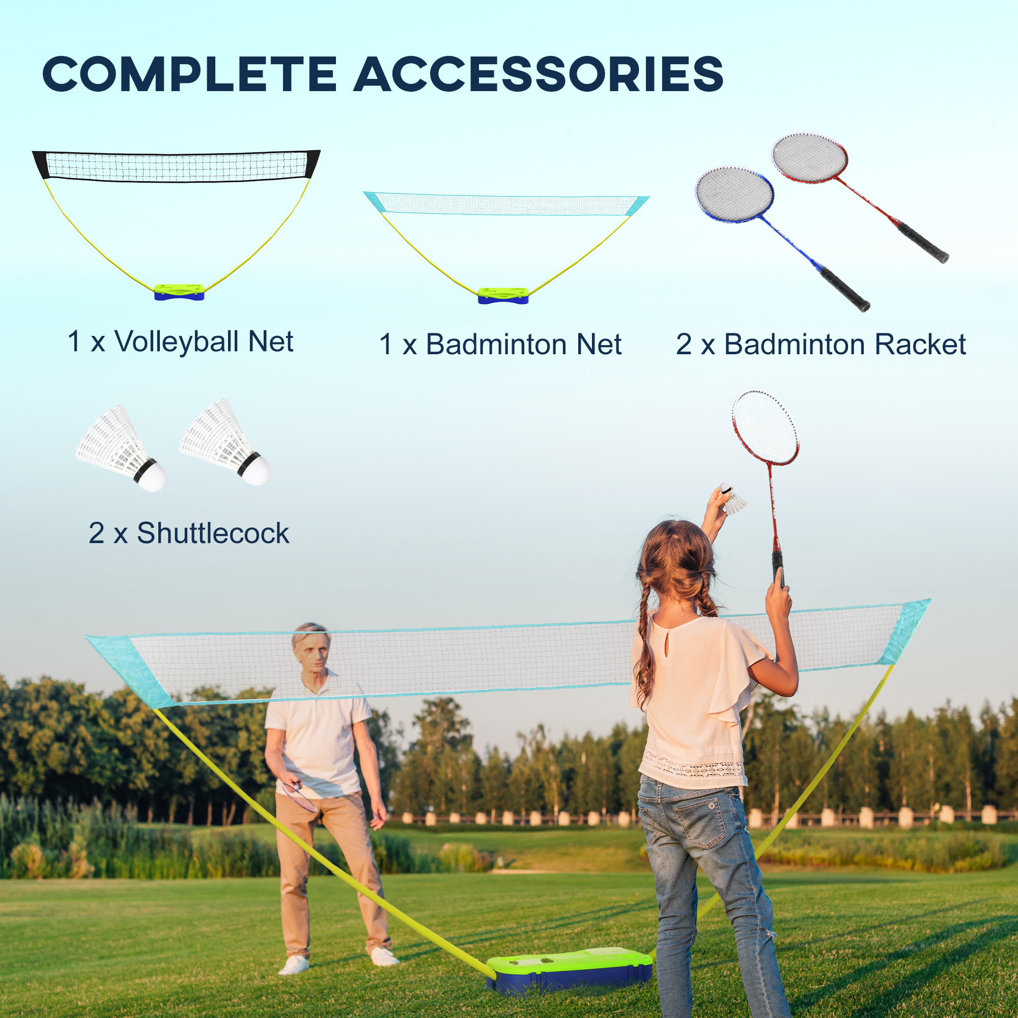 Badminton Set with Volleyball, Portable Net, Rackets & Shuttlecocks