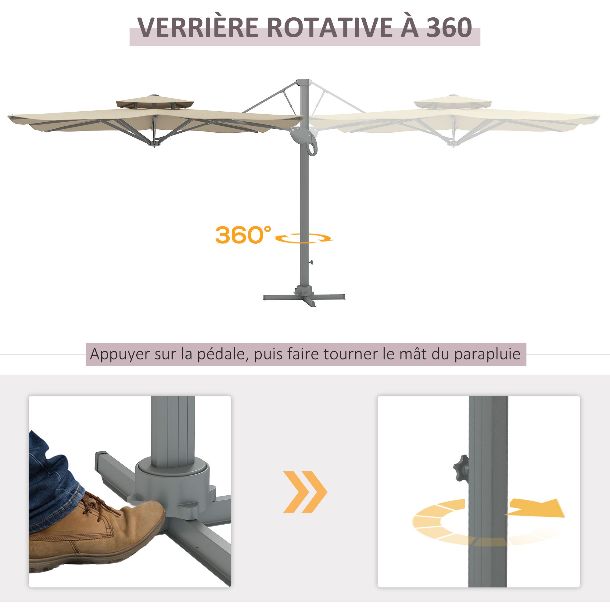 Outsunny 3m Square Offset Parasol Garden Umbrella 360 Rotating with Hydraulic Mechanism Double Cross Base Roof Aluminium Pole Beige