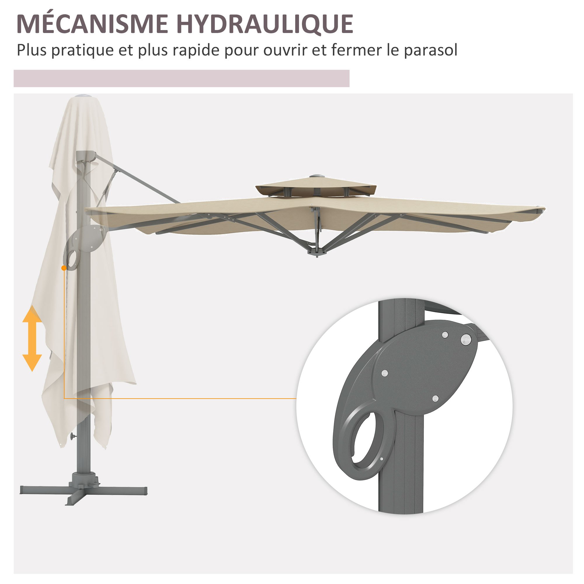 Outsunny 3m Square Offset Parasol Garden Umbrella 360 Rotating with Hydraulic Mechanism Double Cross Base Roof Aluminium Pole Beige