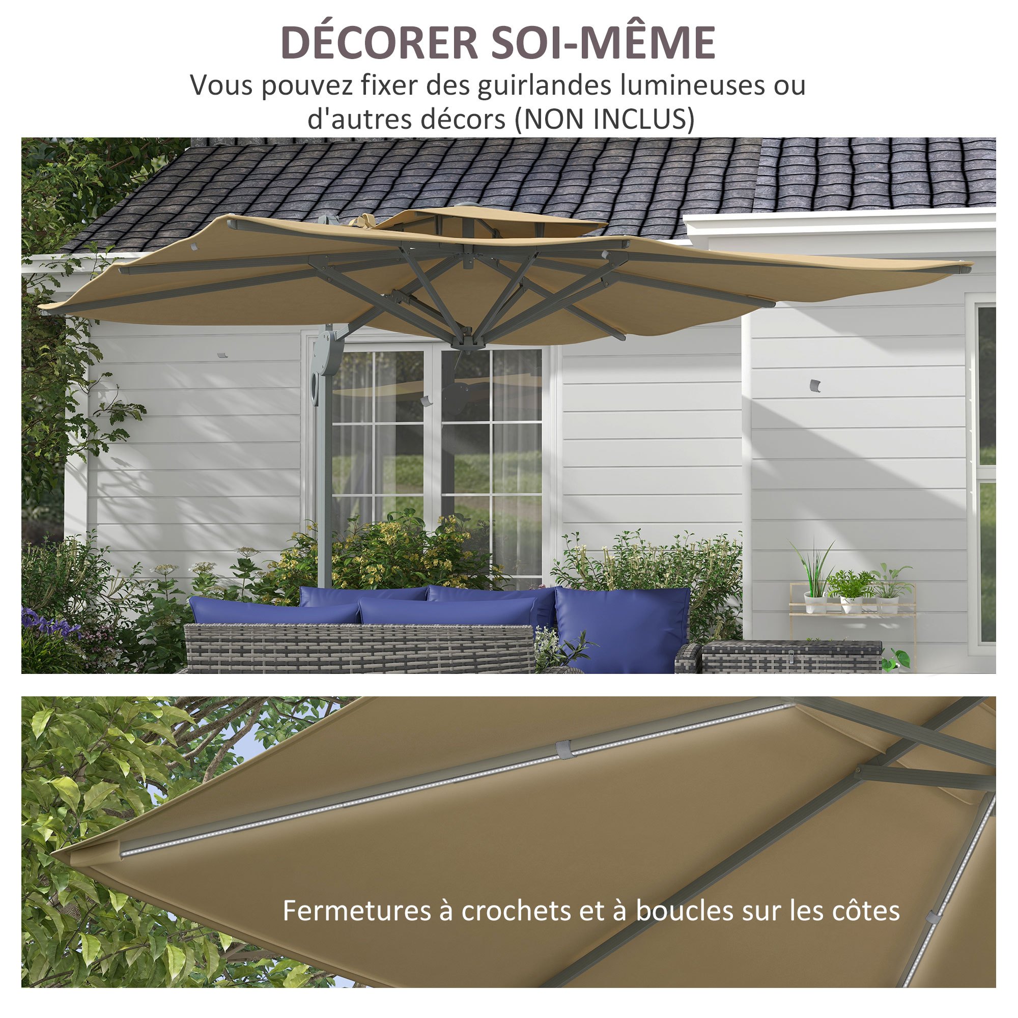 Outsunny 3m Square Offset Parasol Garden Umbrella 360 Rotating with Hydraulic Mechanism Double Cross Base Roof Aluminium Pole Beige