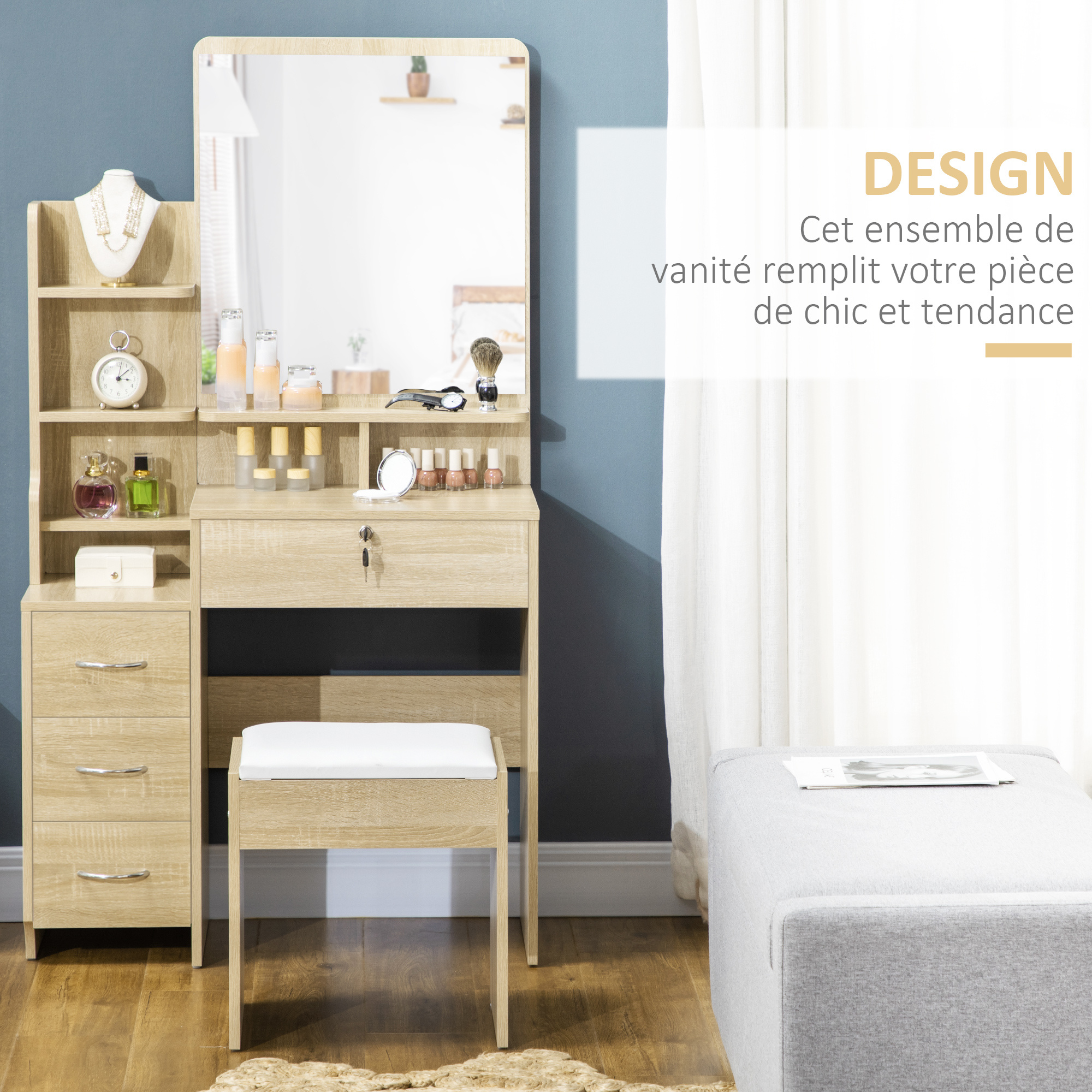 Homcom Vanity Set With Makeup Table, Padded Stool, Large Mirror, Open Shelves, And 4 Natural Wood Drawers