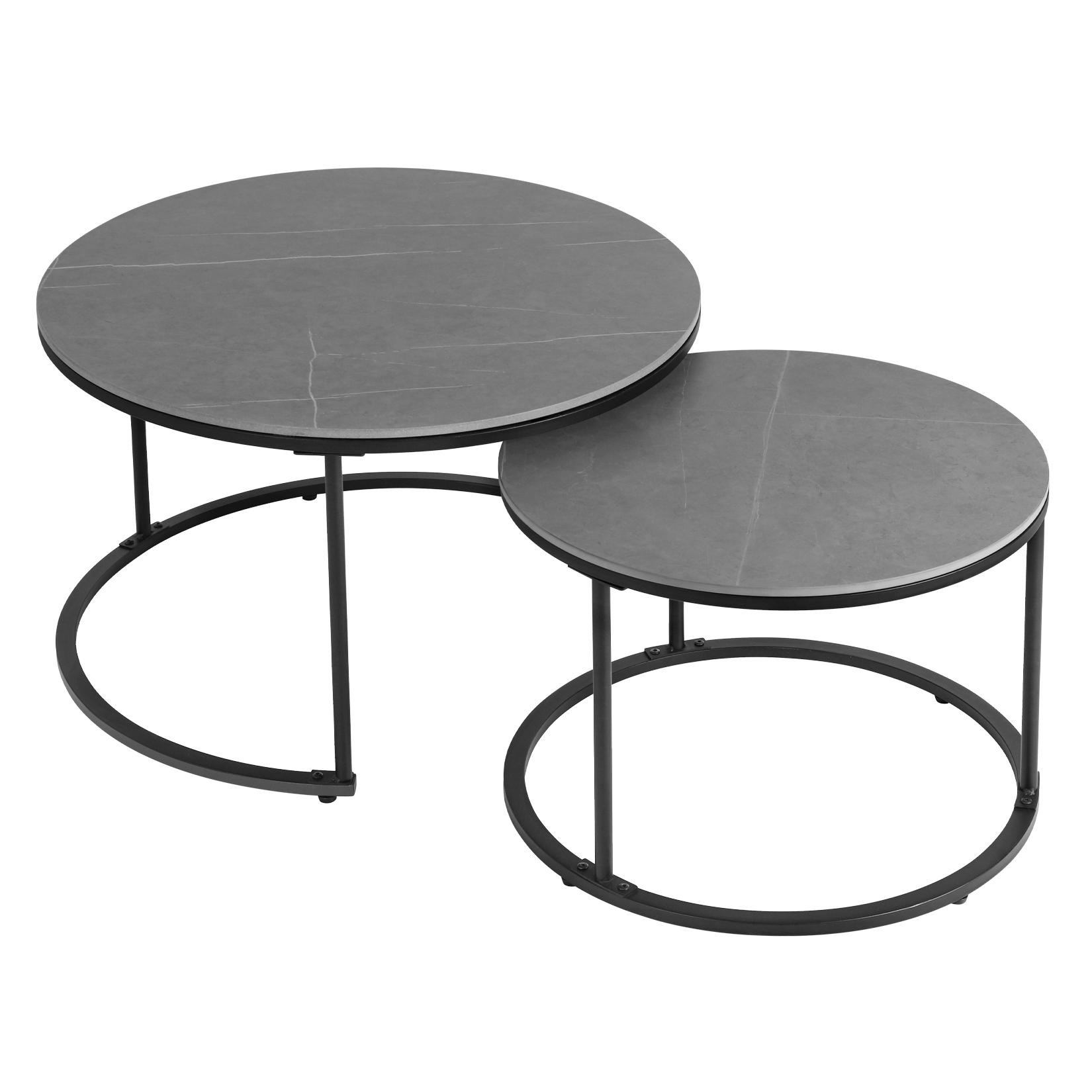 TEMU Coffee Table Nesting Grey Set Of 2 Side Set Black Frame Circular Round And Marble Pattern Wooden Tables, Living Room Bedroom Apartment Modern Industrial Simple Nightstand