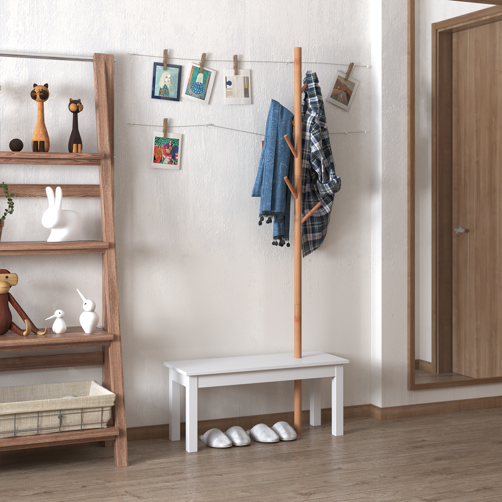 Image of Homcom Coat Rack Hanger For Entryway Bedroom, Bamboo, White Wood, 80x30x180cm