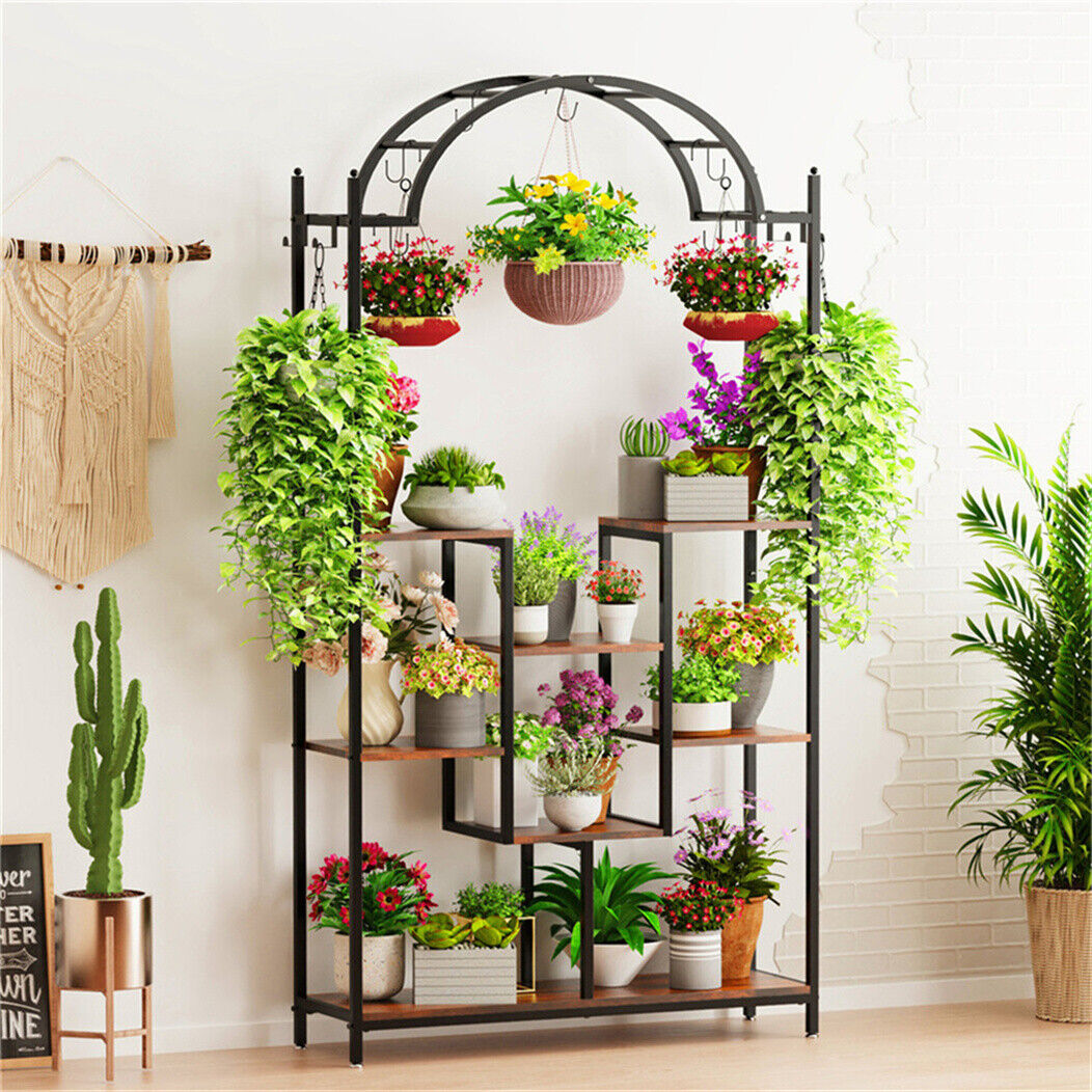 

Large Metal Plant Stand Arched Flower Pots Shelf Book Display Rack With Hanging Hooks For Living Room Patio Garden