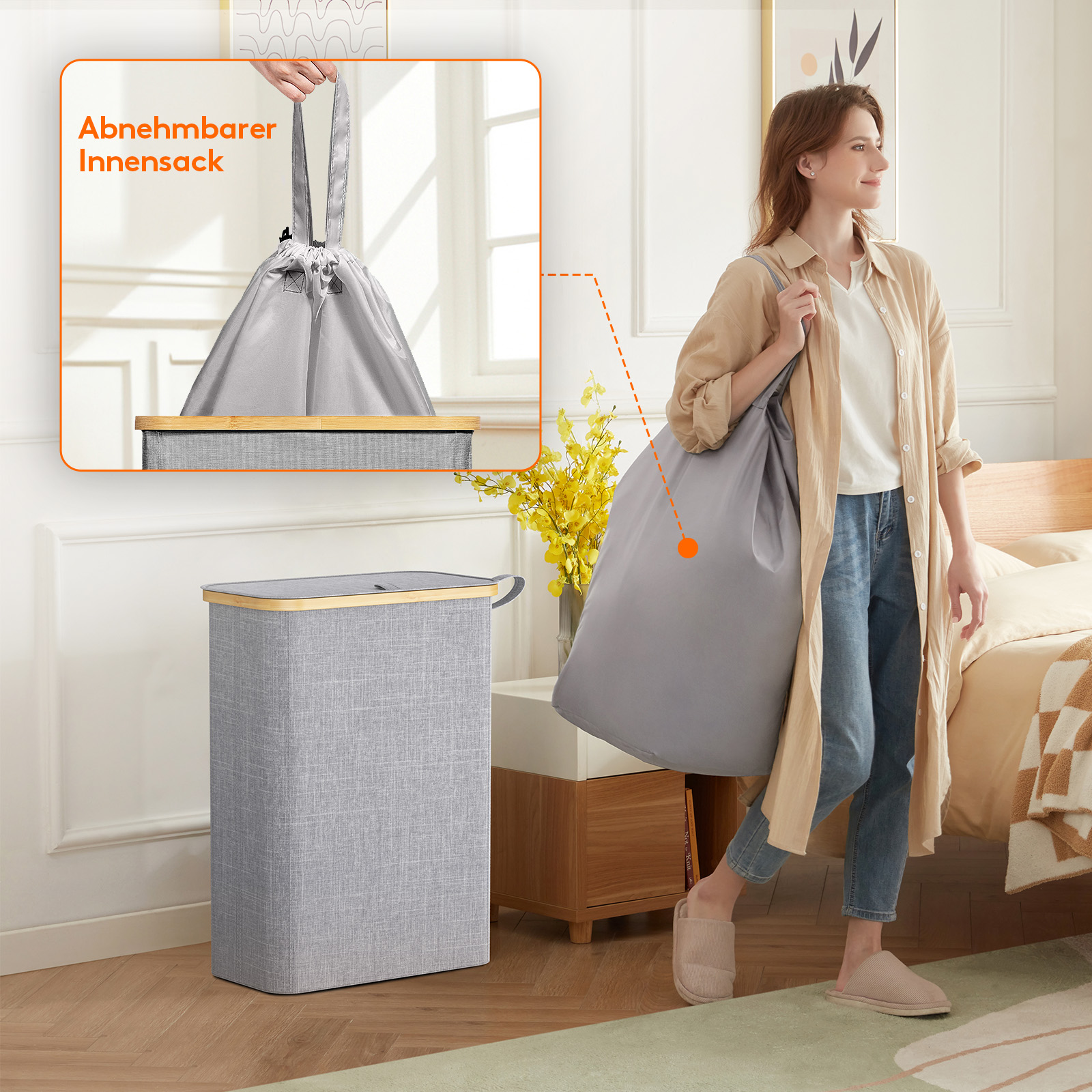 50l grau   laundry hamper with lid narrow laundry basket with removable bag bamboo handles fodable thin dirty clothes hamper for laundry collapsible bin for bathroom bedroom dorm 2