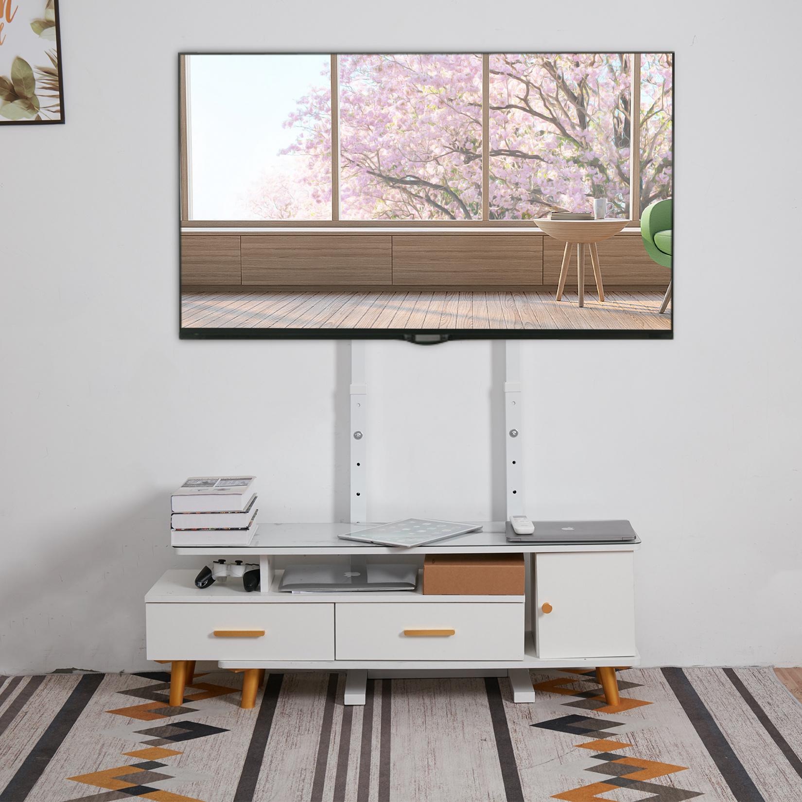 E-shop TV-Stand Boden-TV-Halterung Höhenverstellbarer Fernsehstand 32-65 Zoll Flache Leinwand-LED-LCD-Bildschirme für Schlafzimmer Fitness Yoga Büro