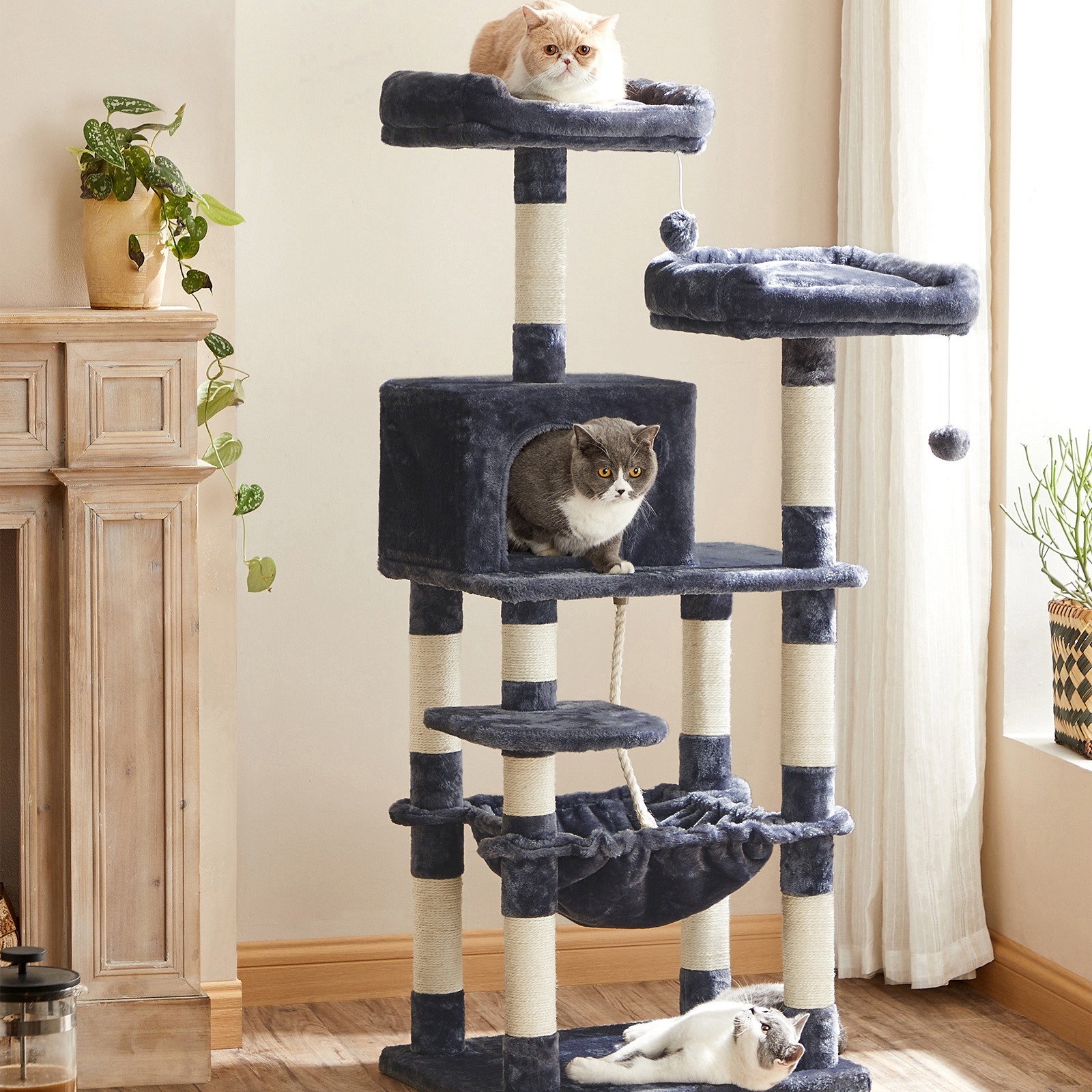 

Arbre à Chat Hauteur 143 cm, pour Chat, avec 11 Poteaux à , 2 Plateformes, 1 , 1 Hamac, 2 Pompons, en Tissu Peluche, Plusieurs Niveaux