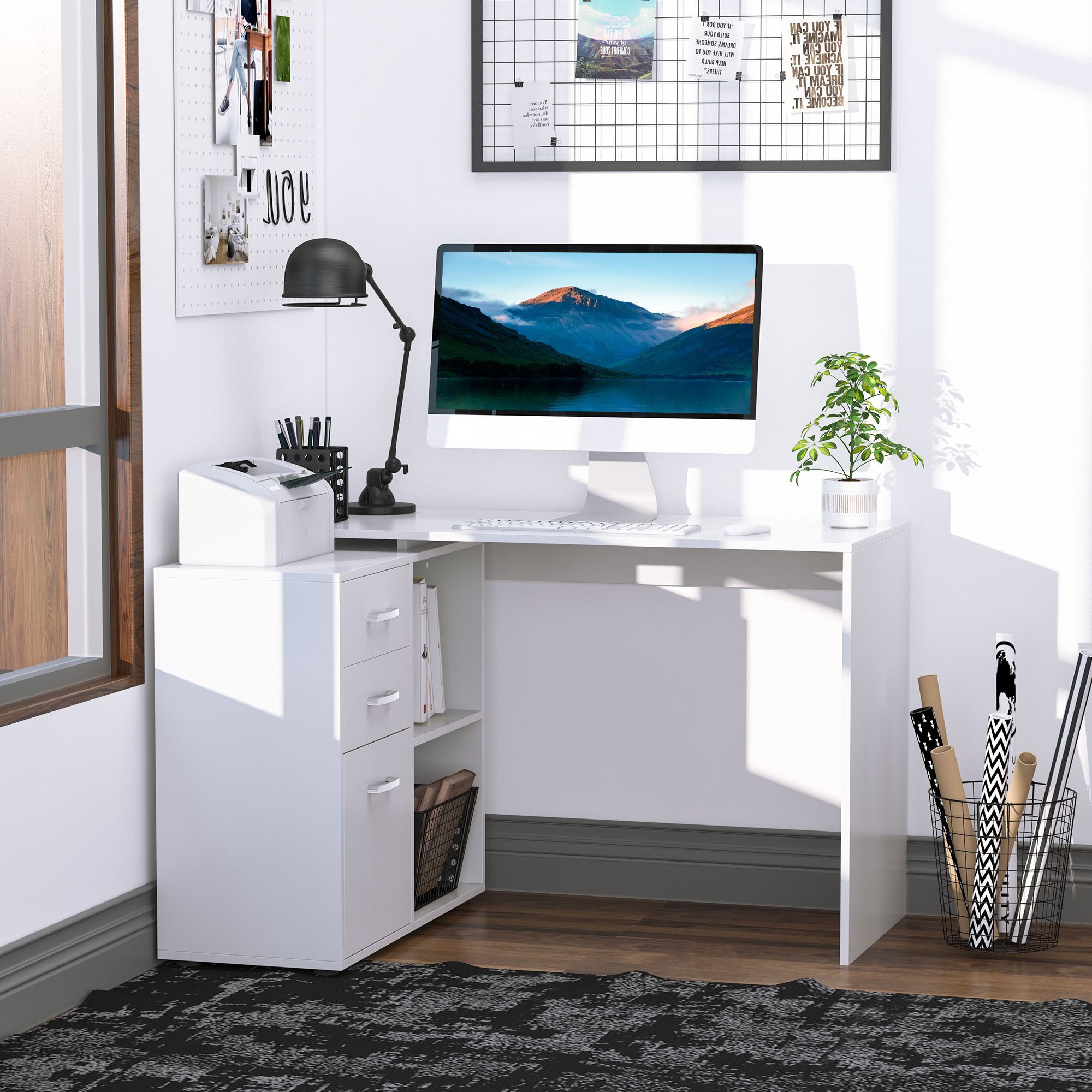 Homcom , Modular Straight Desk, 2-in-1 Dining Table And Computer Desk With 3 Drawers + 2 Shelves, White Mdf