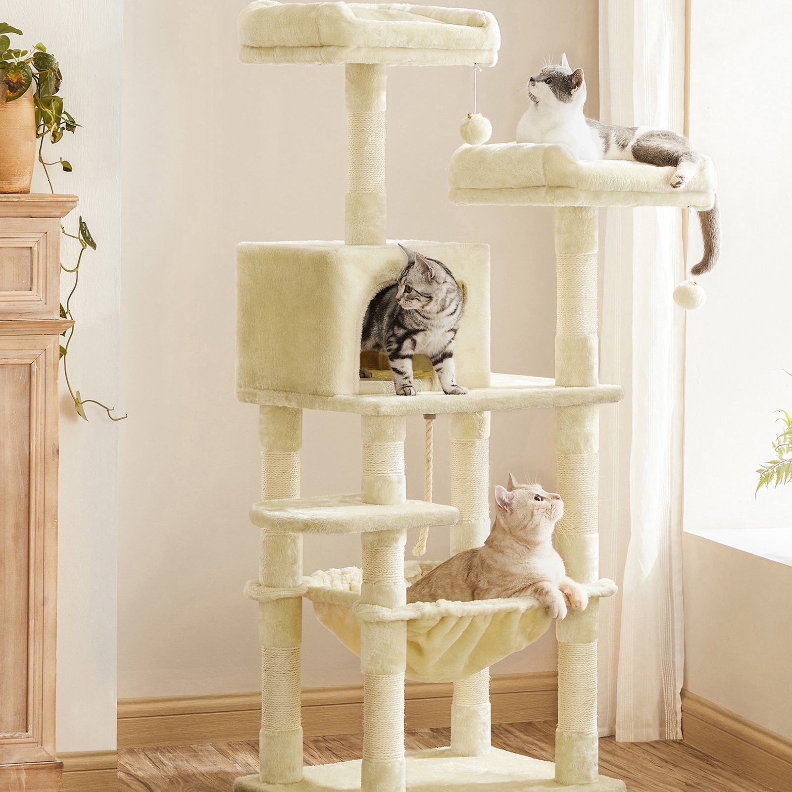 

Feandrea Arbre à Chat Hauteur 143 cm, pour Chat, avec 11 Poteaux à , 2 Plateformes, 1 , 1 Hamac, 2 Pompons, en Tissu Peluche, Plusieurs Niveaux