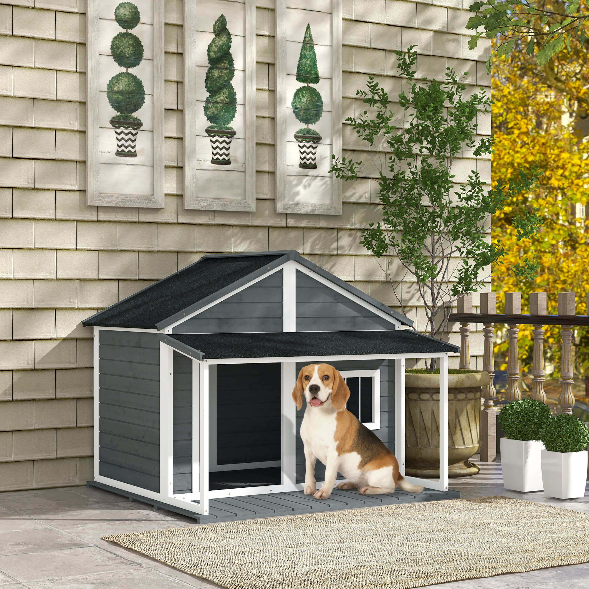 Image of Weatherproof Dog House Made Of Wood With Terrace, Asphalt Roof, Windows, 124 X 112 X 105 Cm Outdoor Hut For Large Dogs, Indoor, Outdoor Grey.